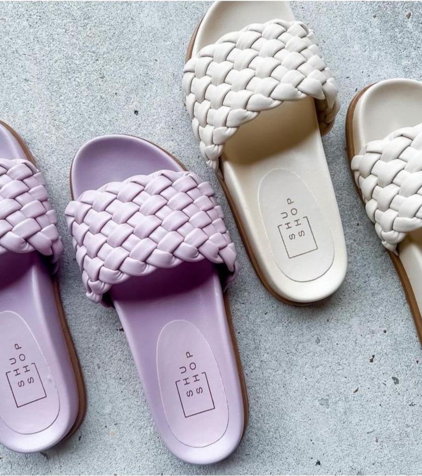 purple and ivory sandals