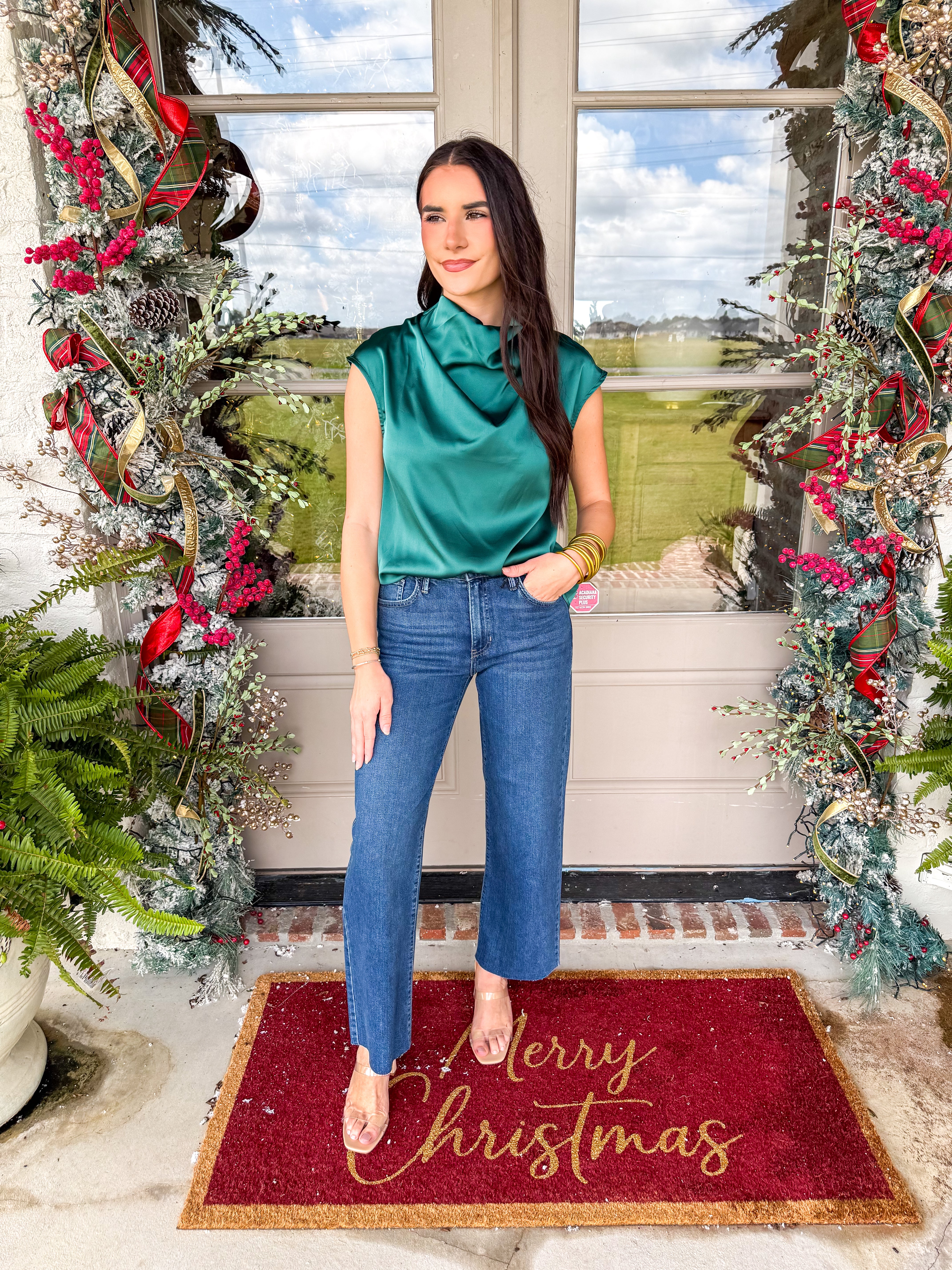 Emerald Satin Cowl Neck Top
