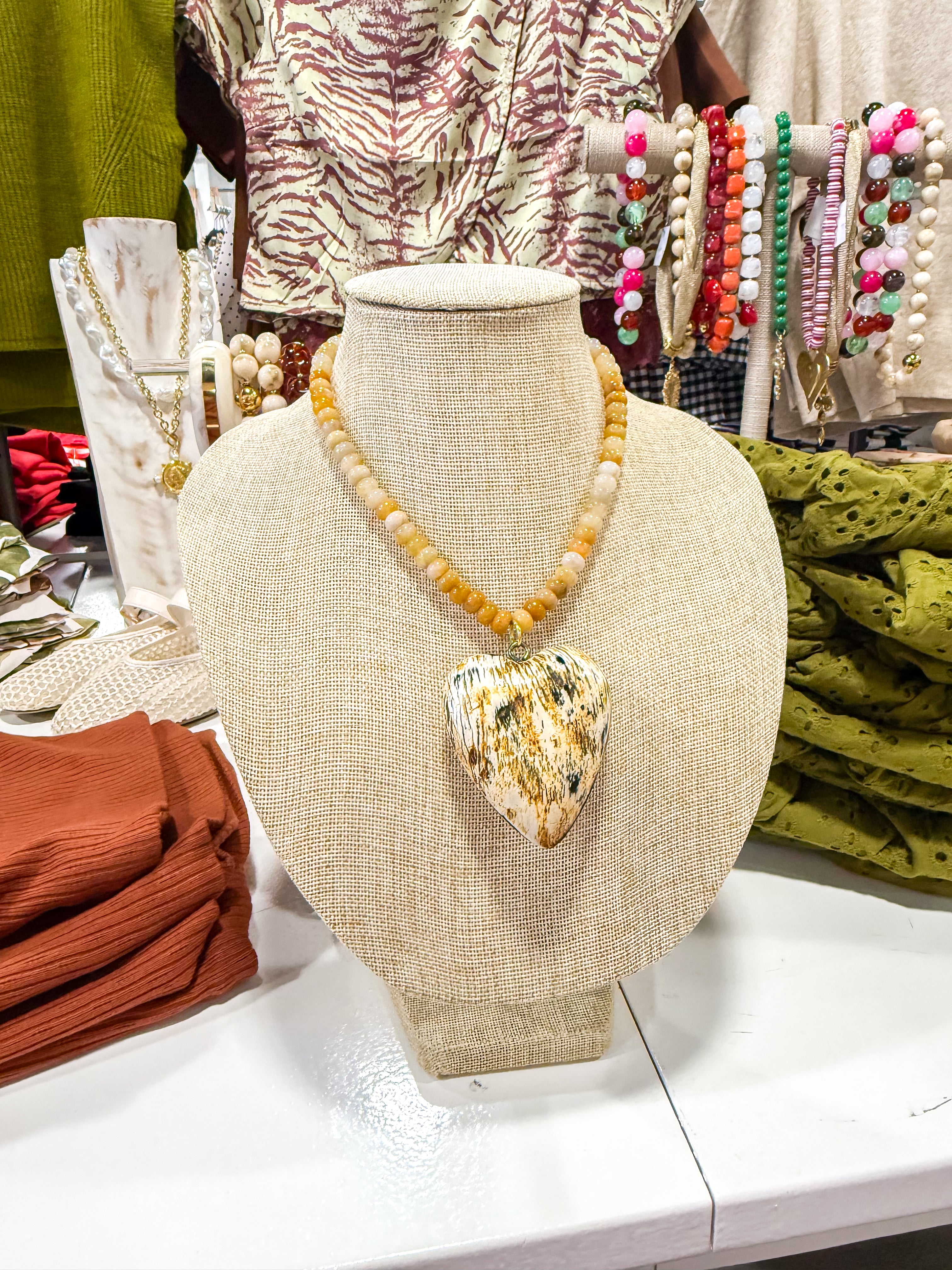 Large Striped Heart Neutral Beaded Necklace