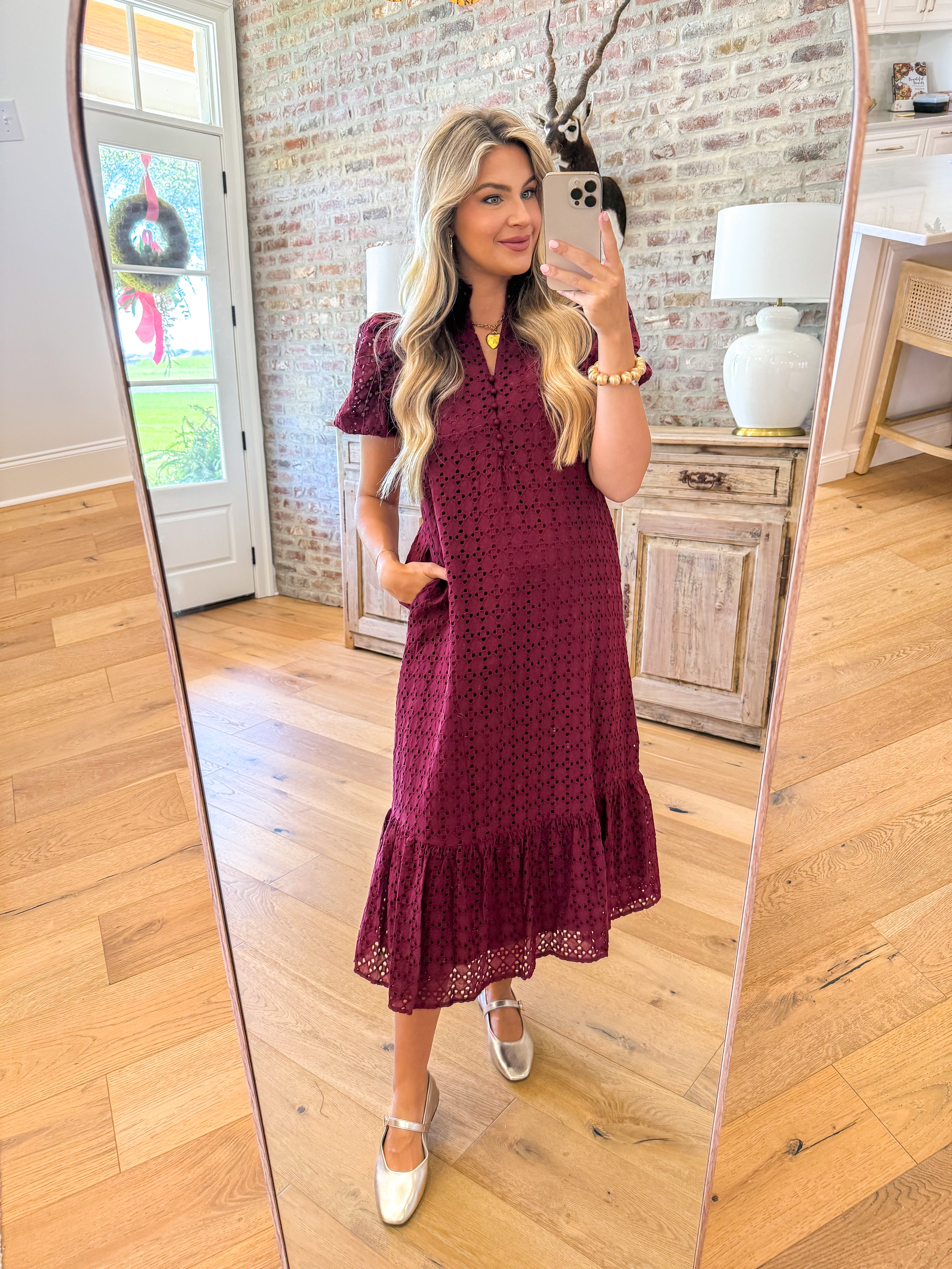 Evelyn Eyelet Midi Dress Burgundy