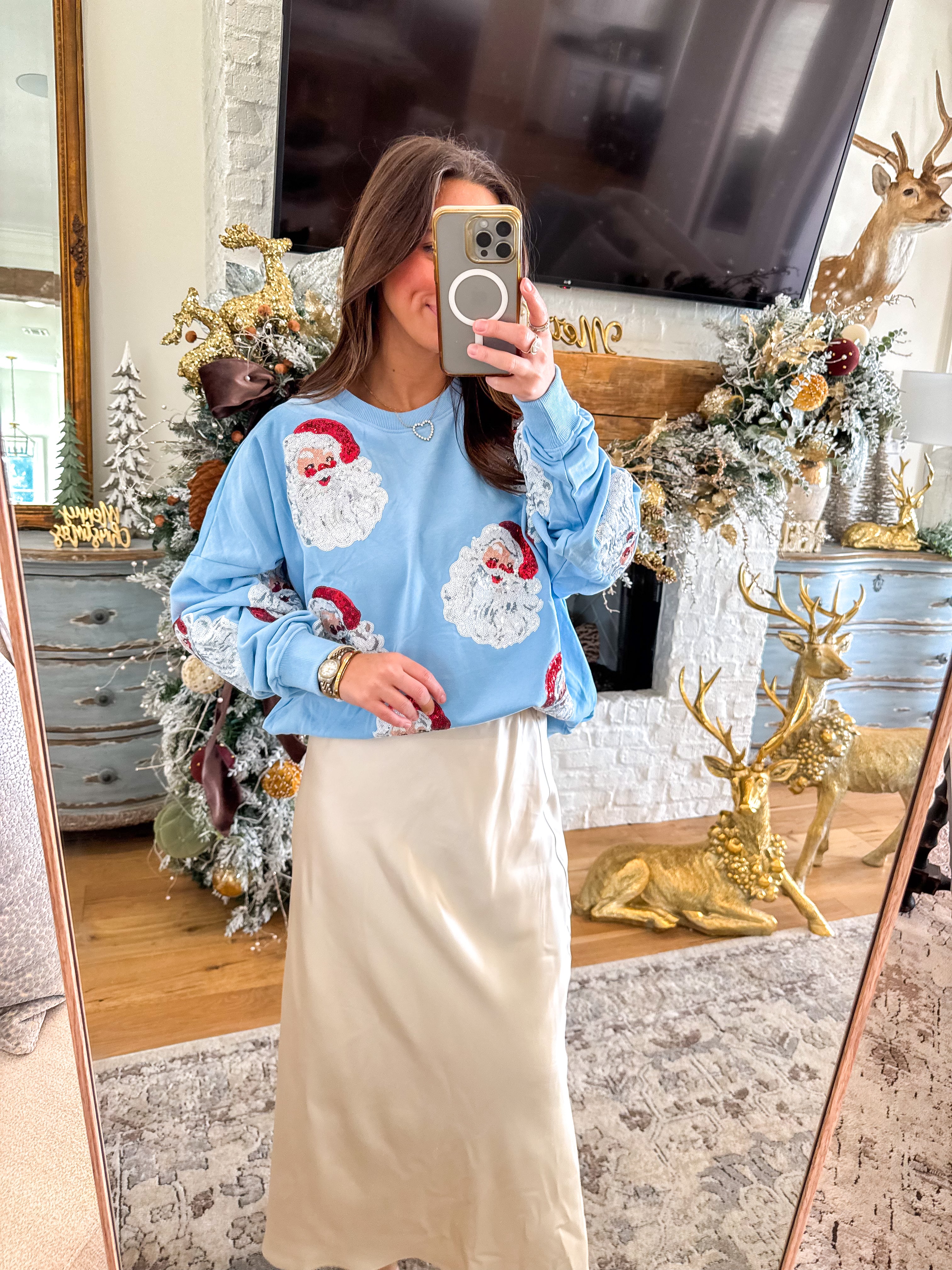 Blue Overszied Sequin Santa Sweatshirt