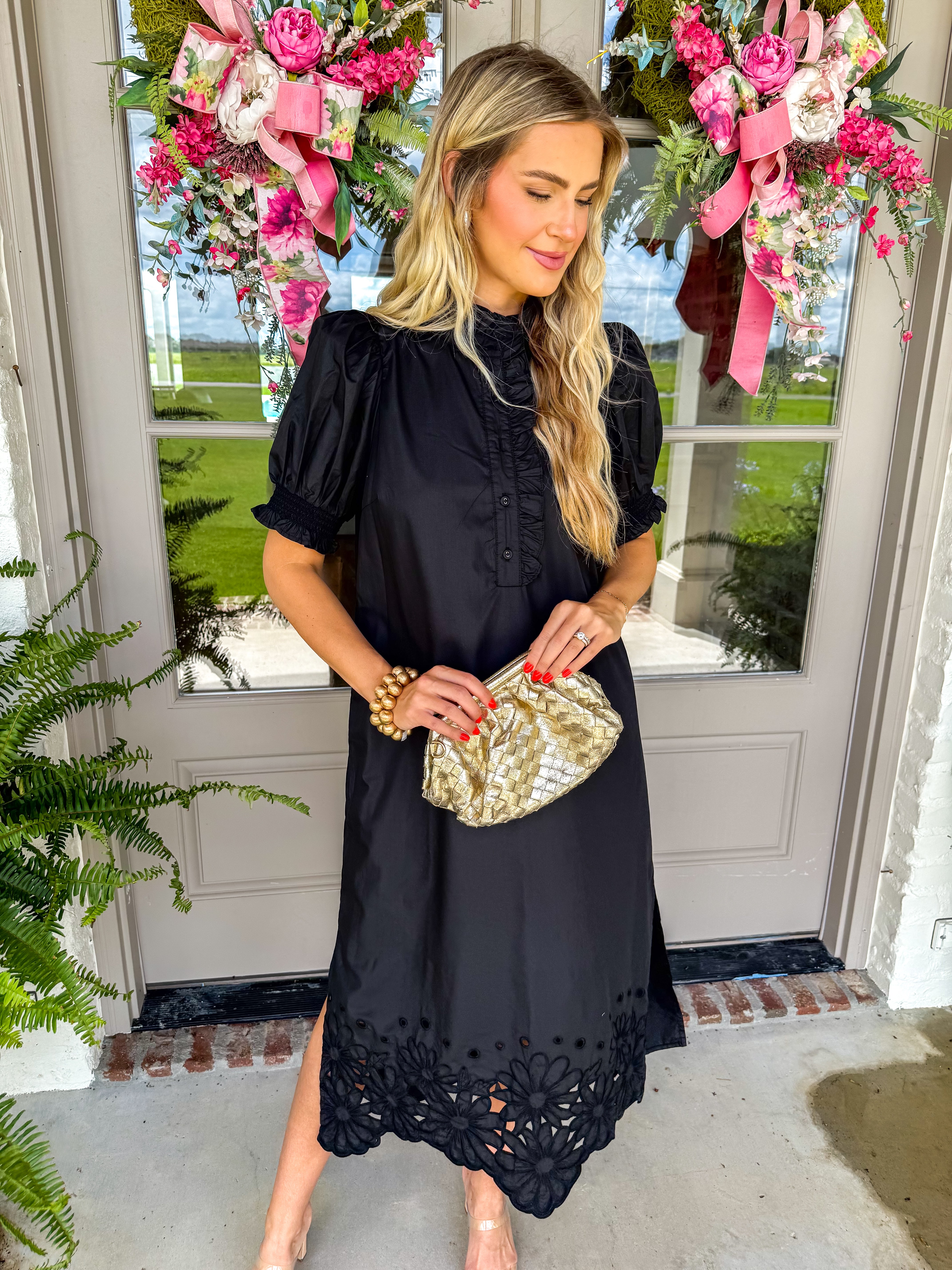 Black Ruffle Embroidered Midi