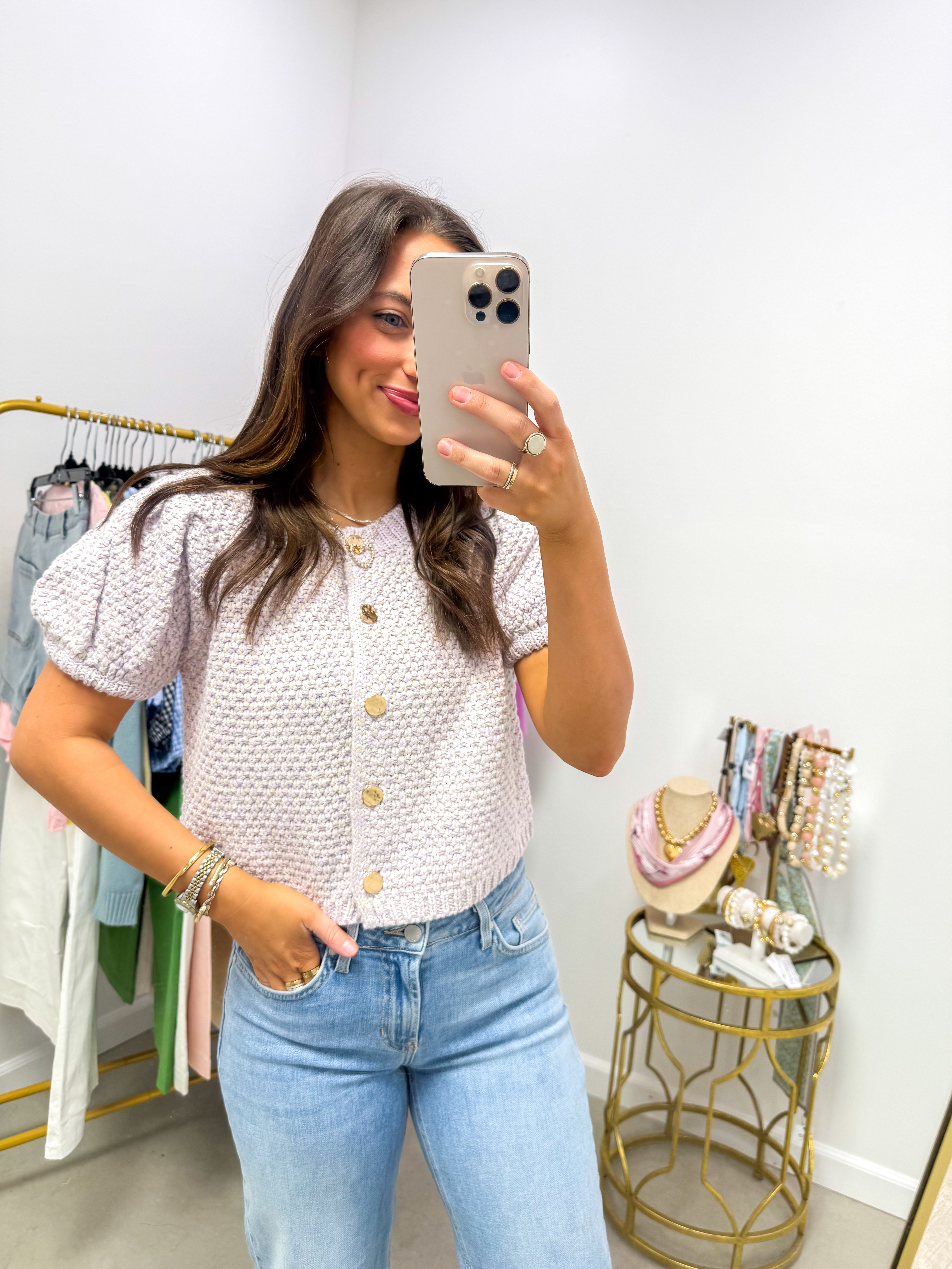 Karlie Knit Lavender Puff Sleeve Cardigan