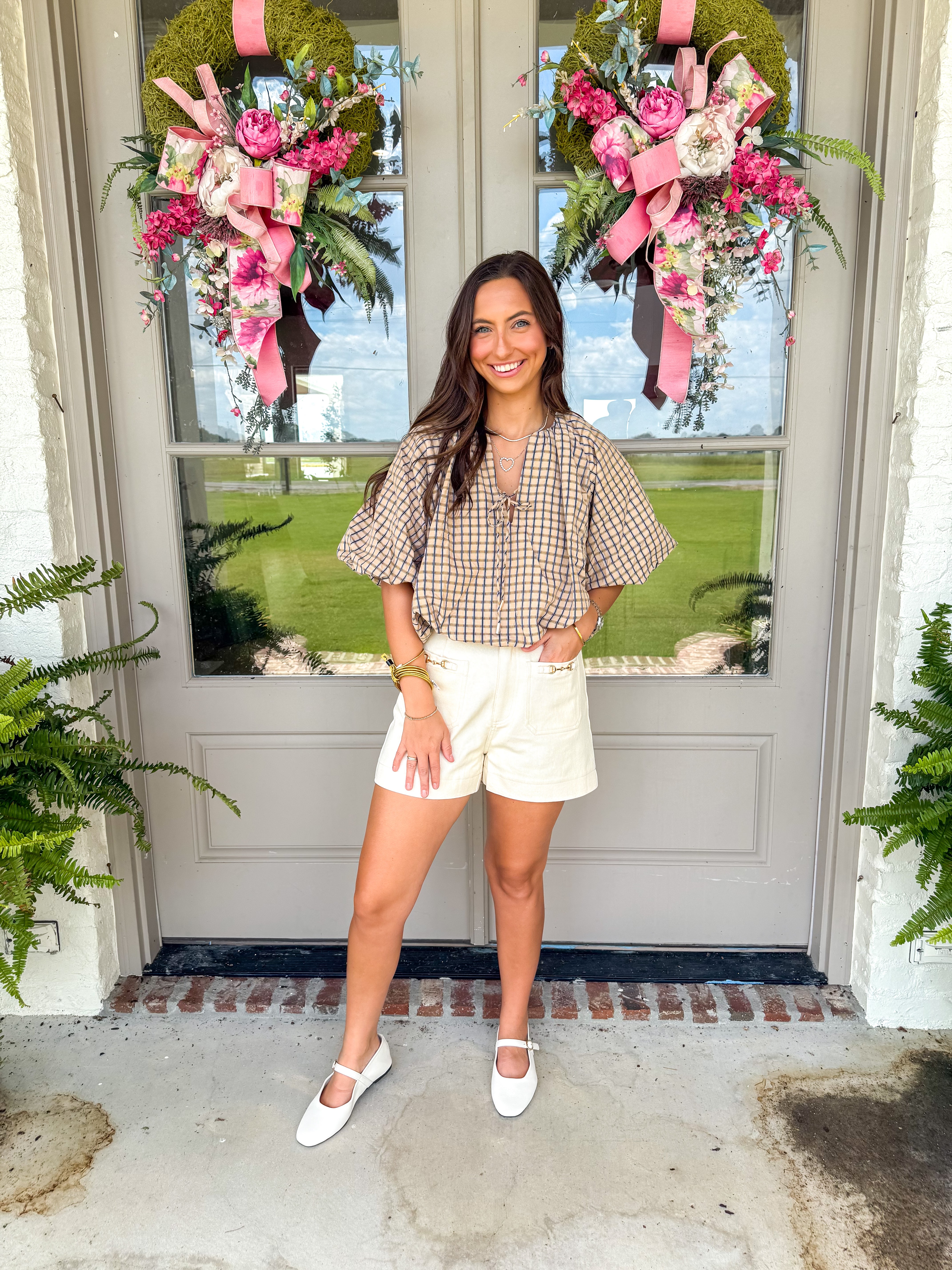 Camel Plaid Puff Sleeve Top