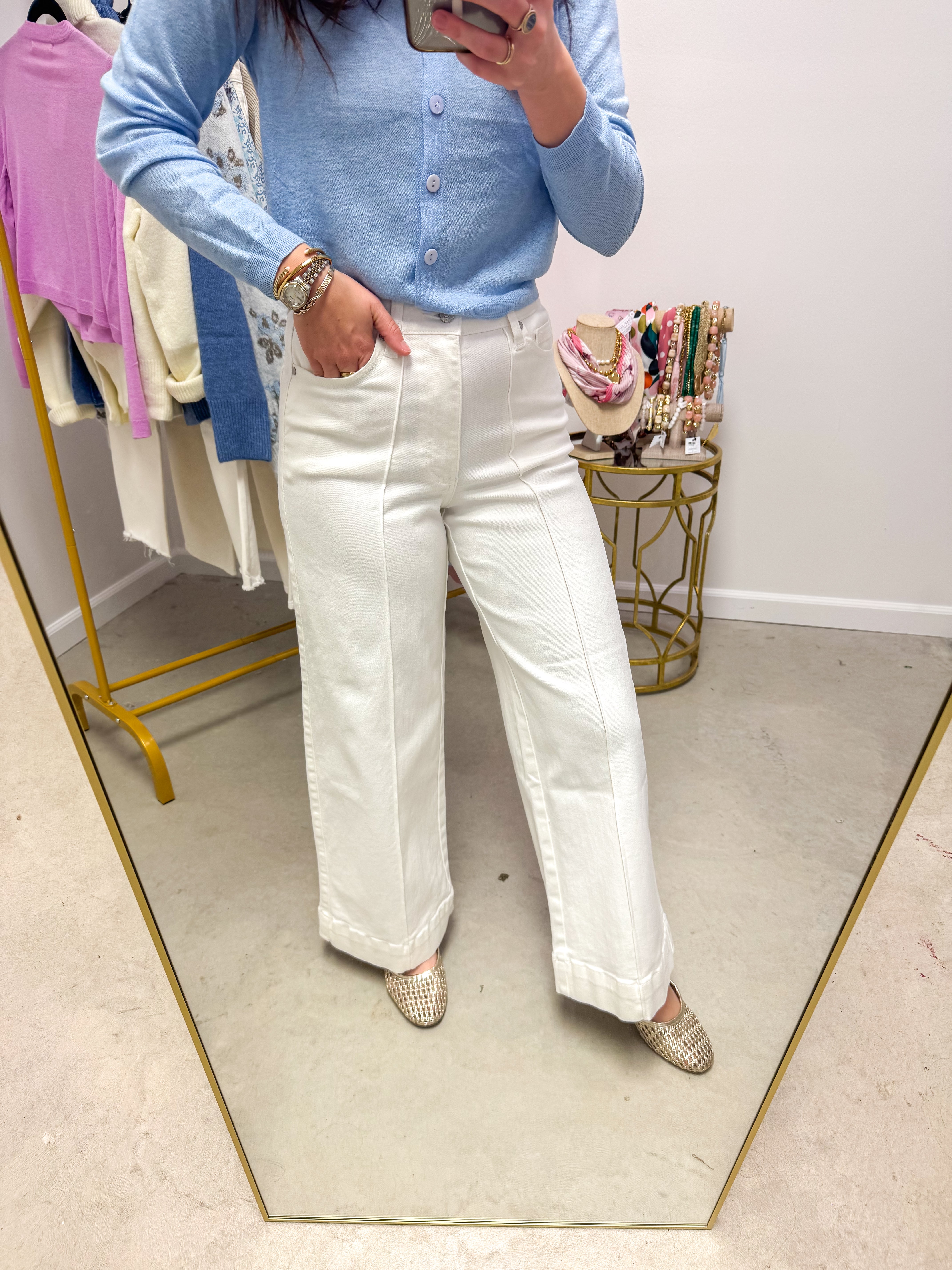 White Denim HR Pin Tuck Wide Leg Jeans