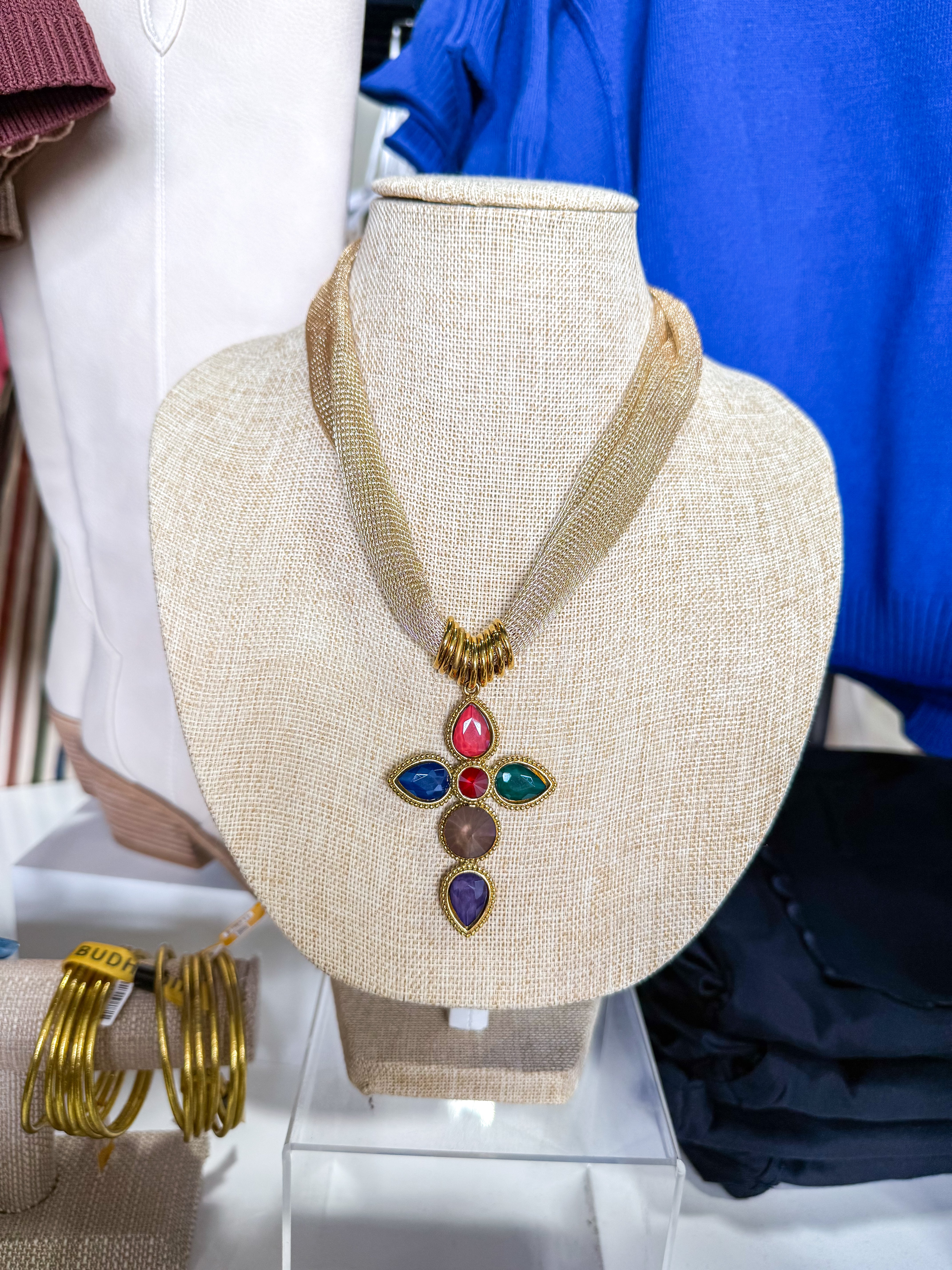 Colorful Cross On Gold Necklace