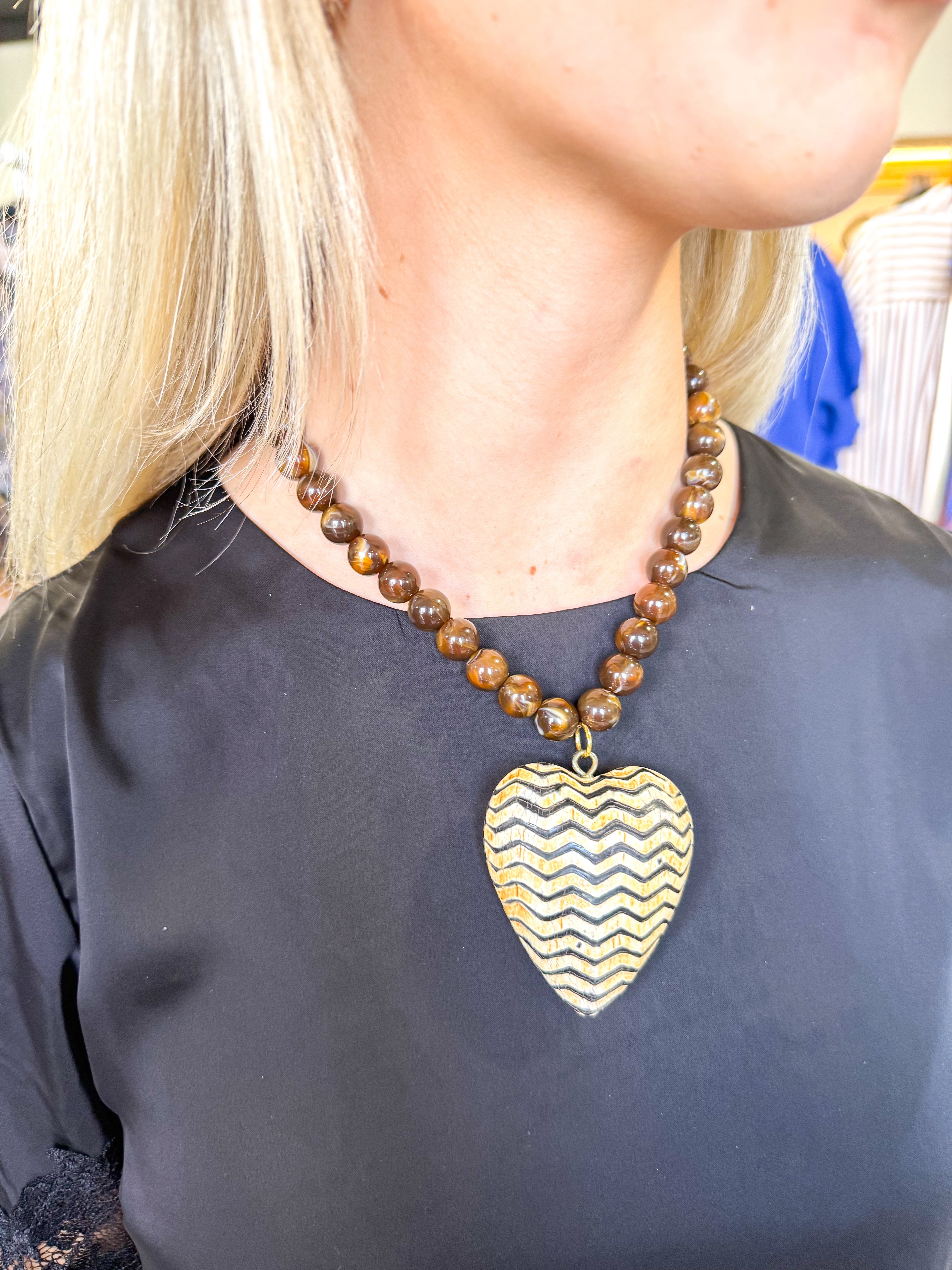 Large Chevron Heart Brown Beaded Necklace