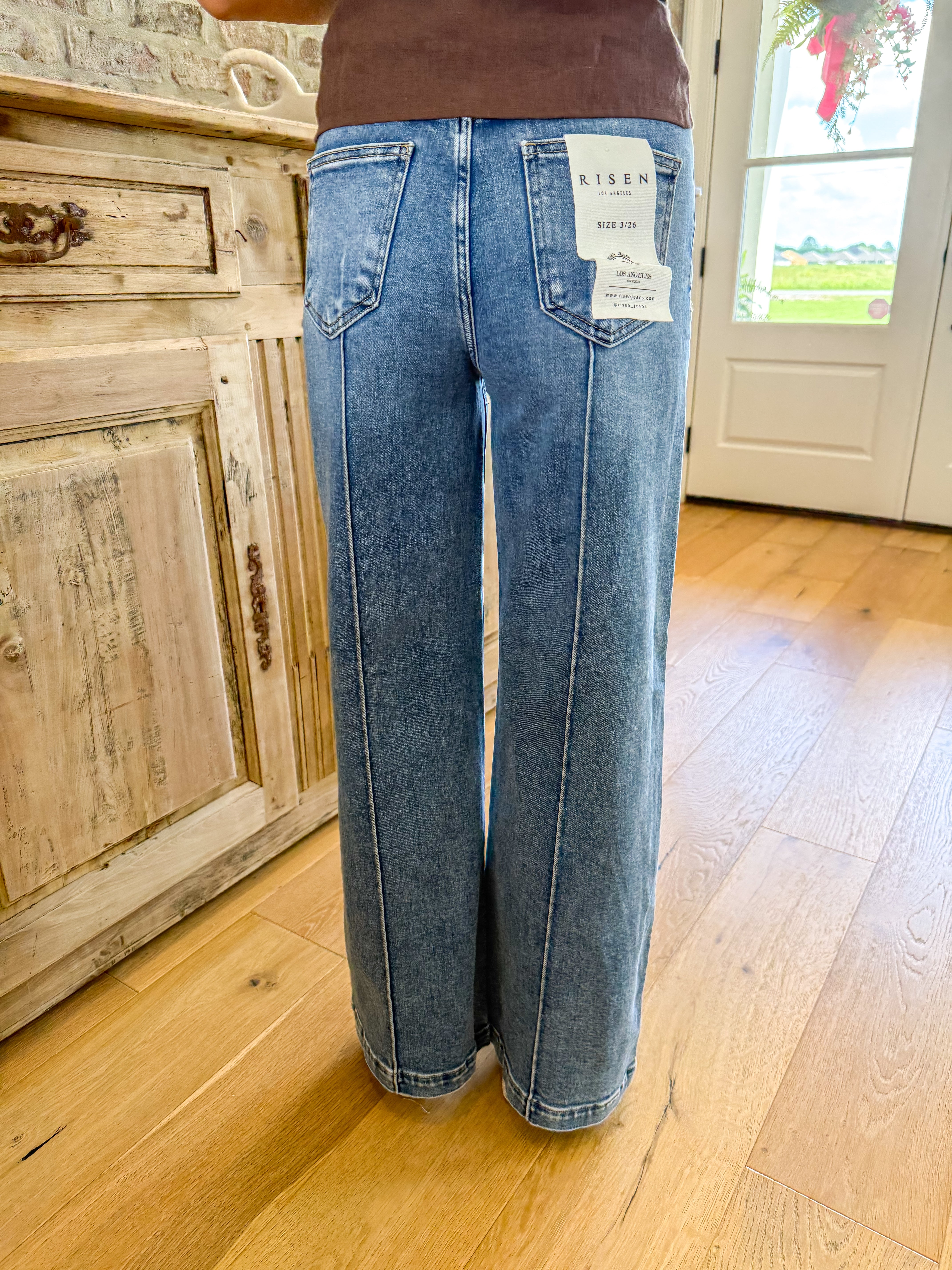 Medium Wash HR Wide Leg Pintuck Jeans