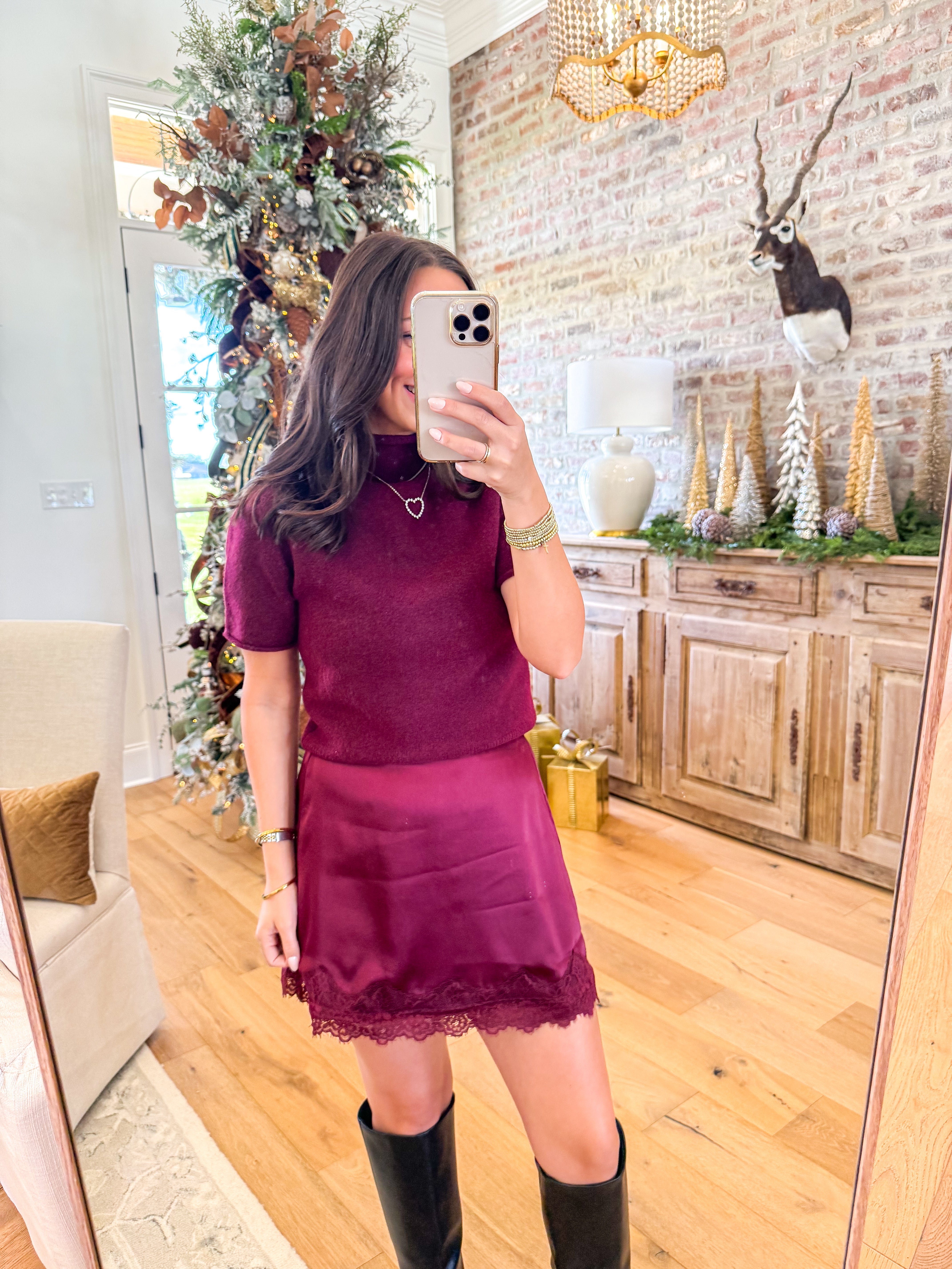 Wine Lace-Trim Mini Skirt
