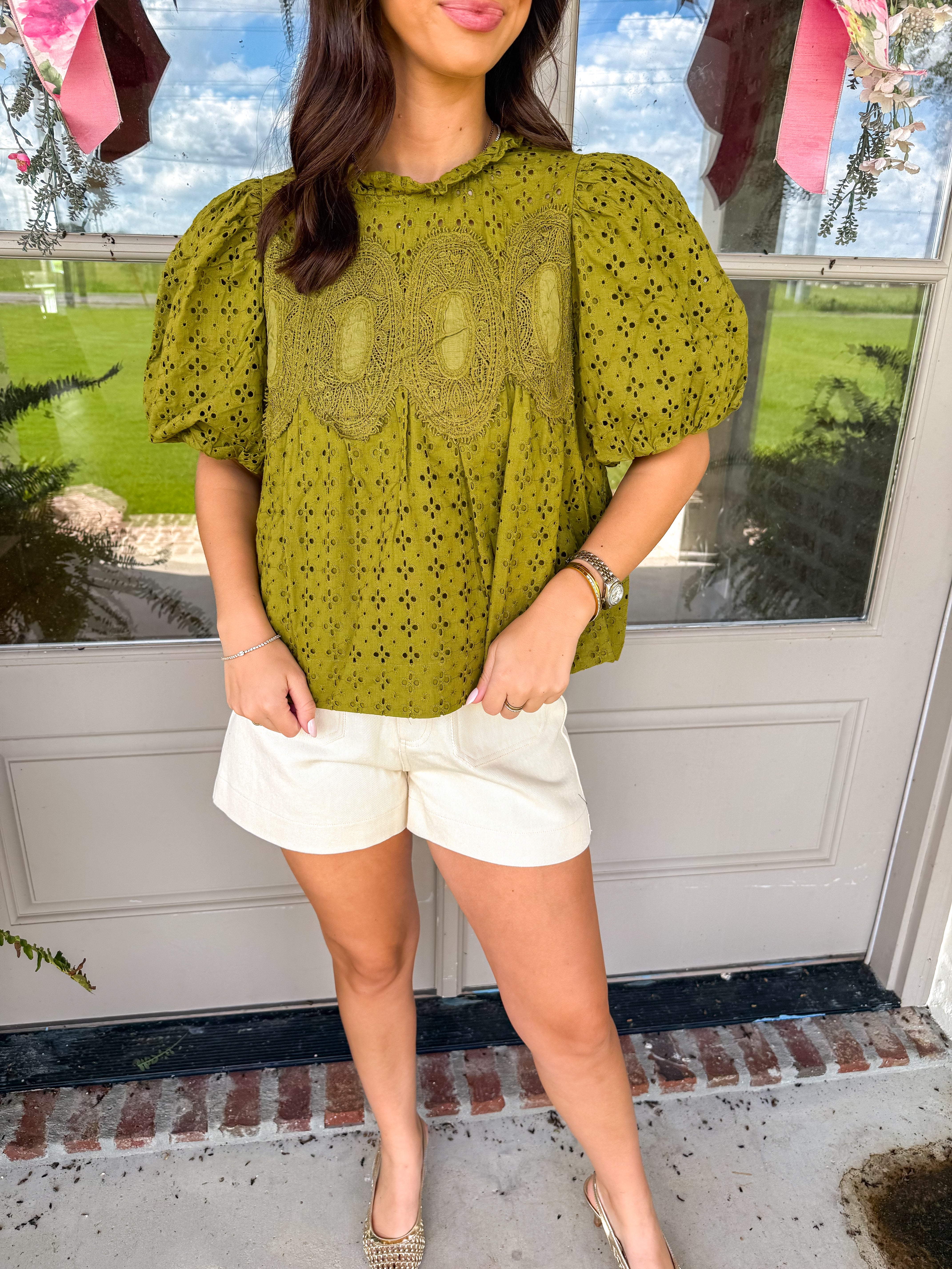 Olive Eyelet Puff Sleeve Top