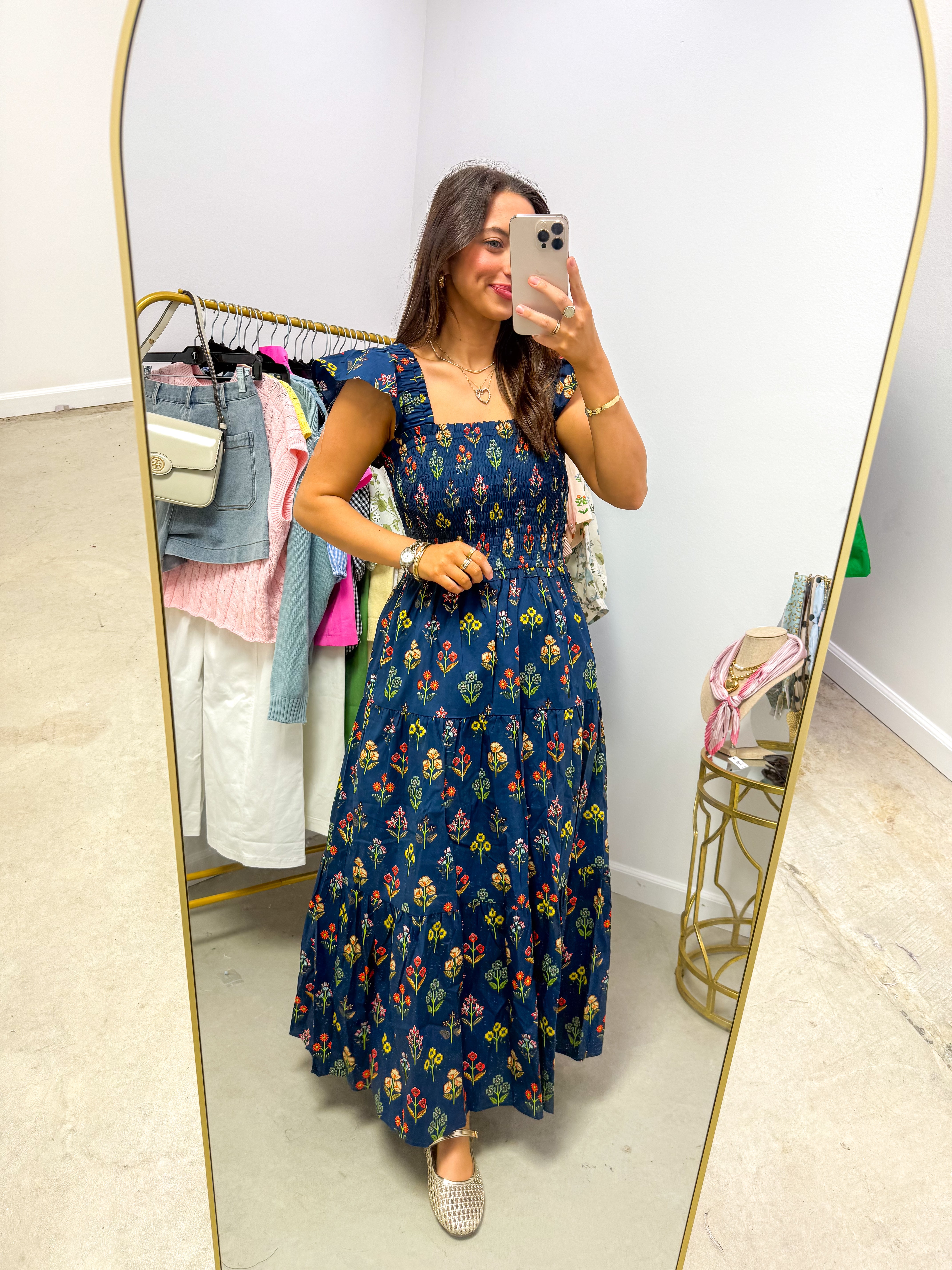 Fresh Picked Navy Smocked Floral Midi