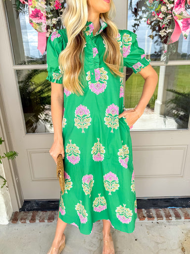 ember midi dress Sera Floral Ember Smocked Midi Dress Curve GREEN-BLUE-MULT / 2X by Sugarlips