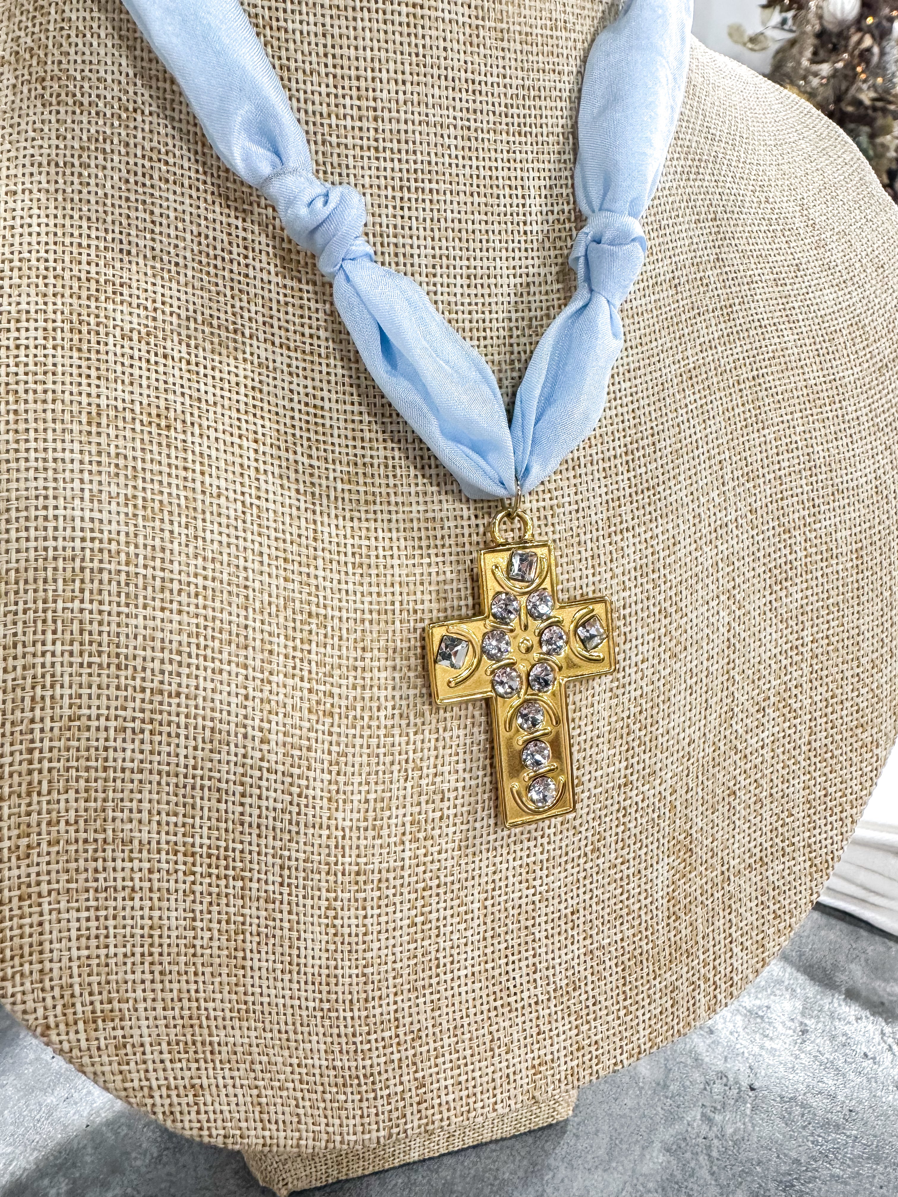 Baby Blue Cross Pendant Scarf Necklace