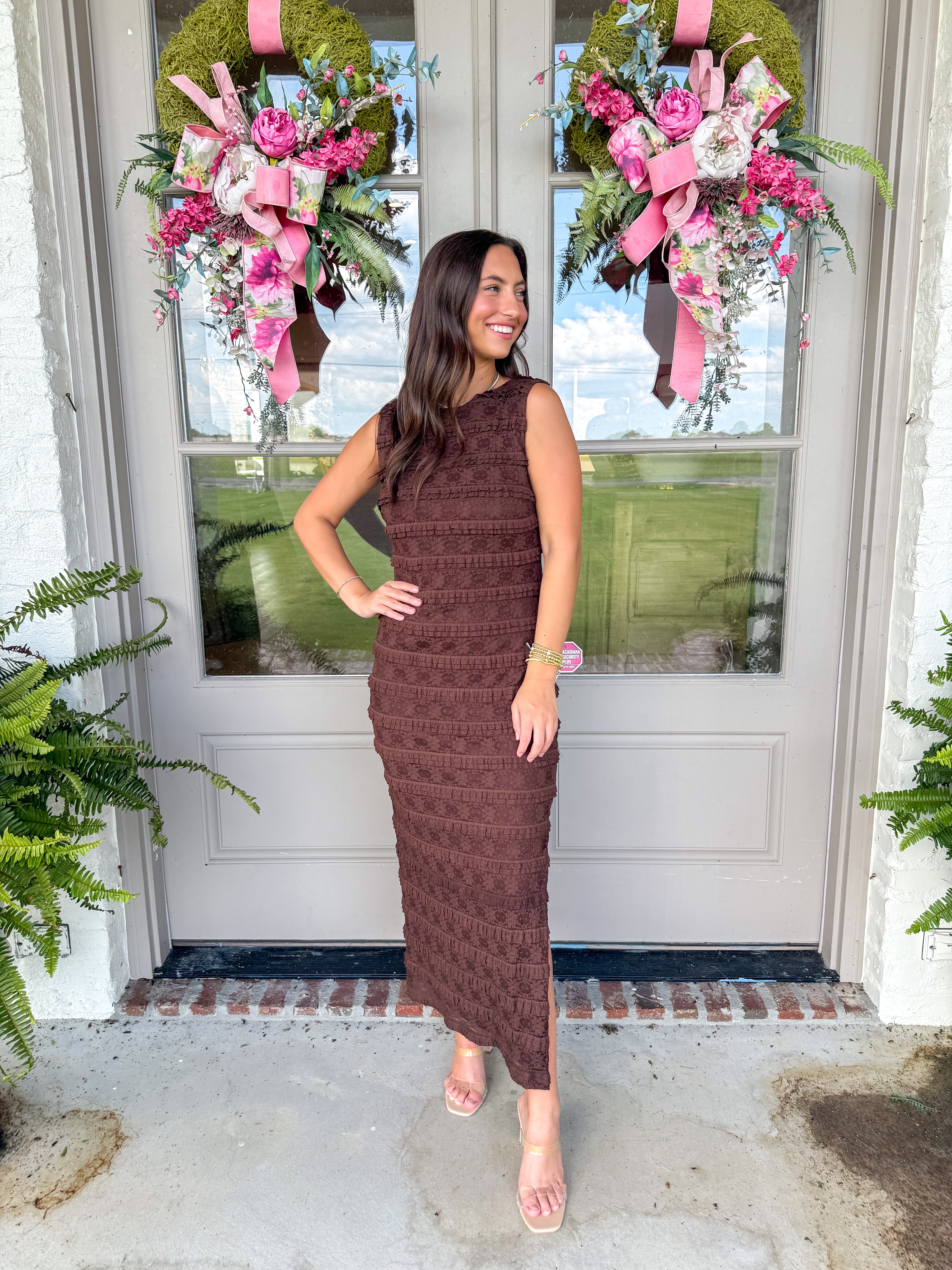 Chocolate Textured Lace Midi Dress