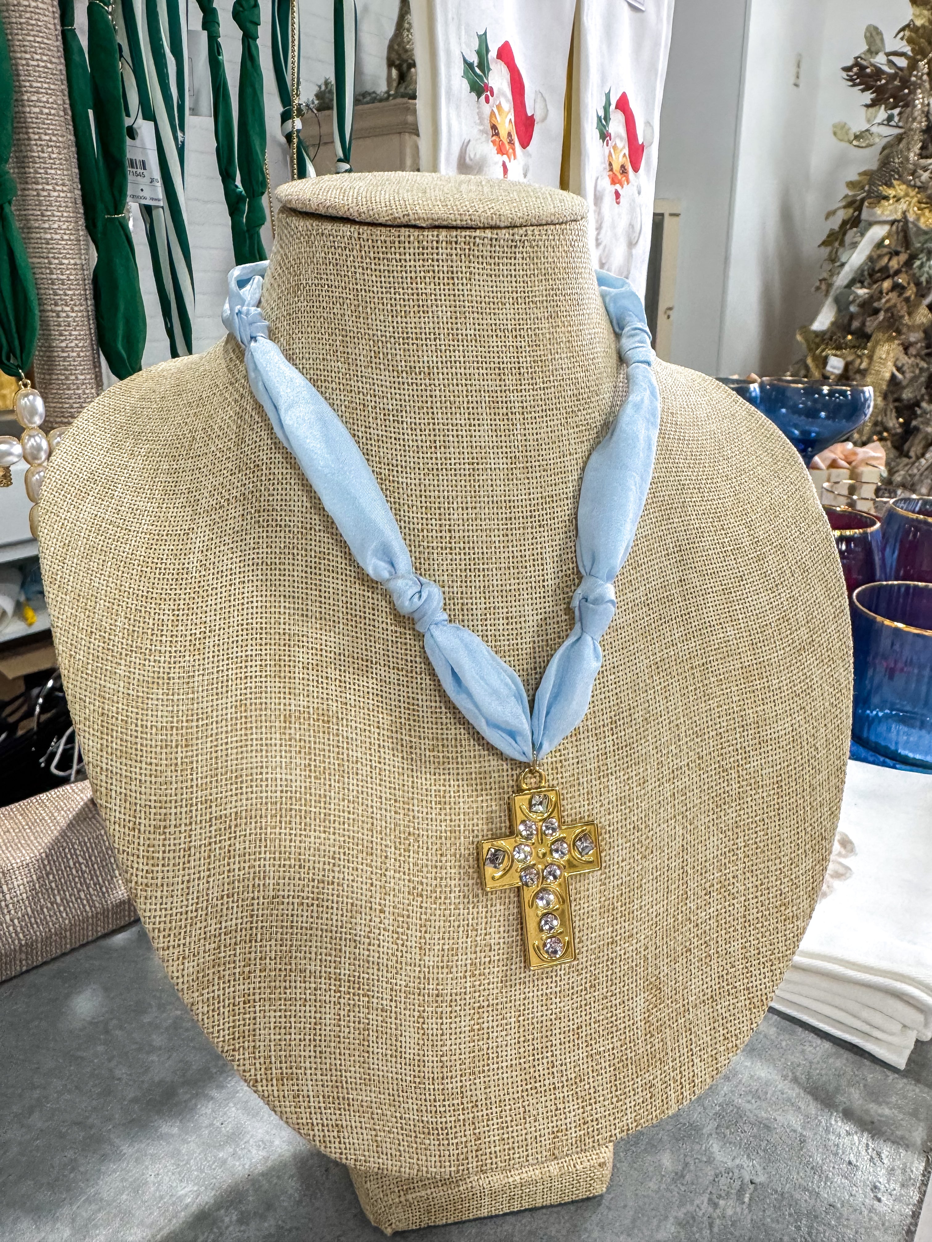 Baby Blue Cross Pendant Scarf Necklace