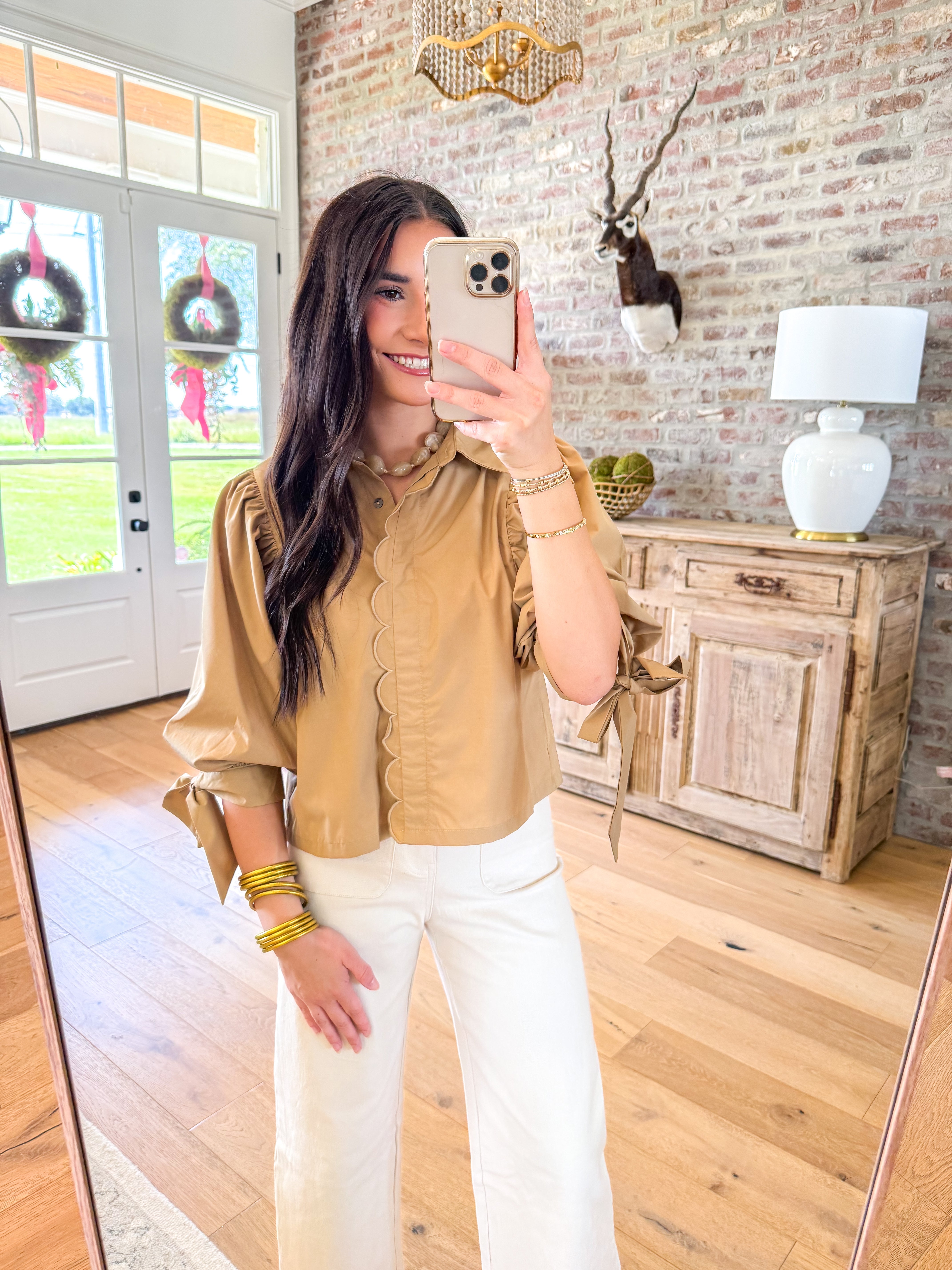 Scalloped Edge Puff Sleeve Top Camel
