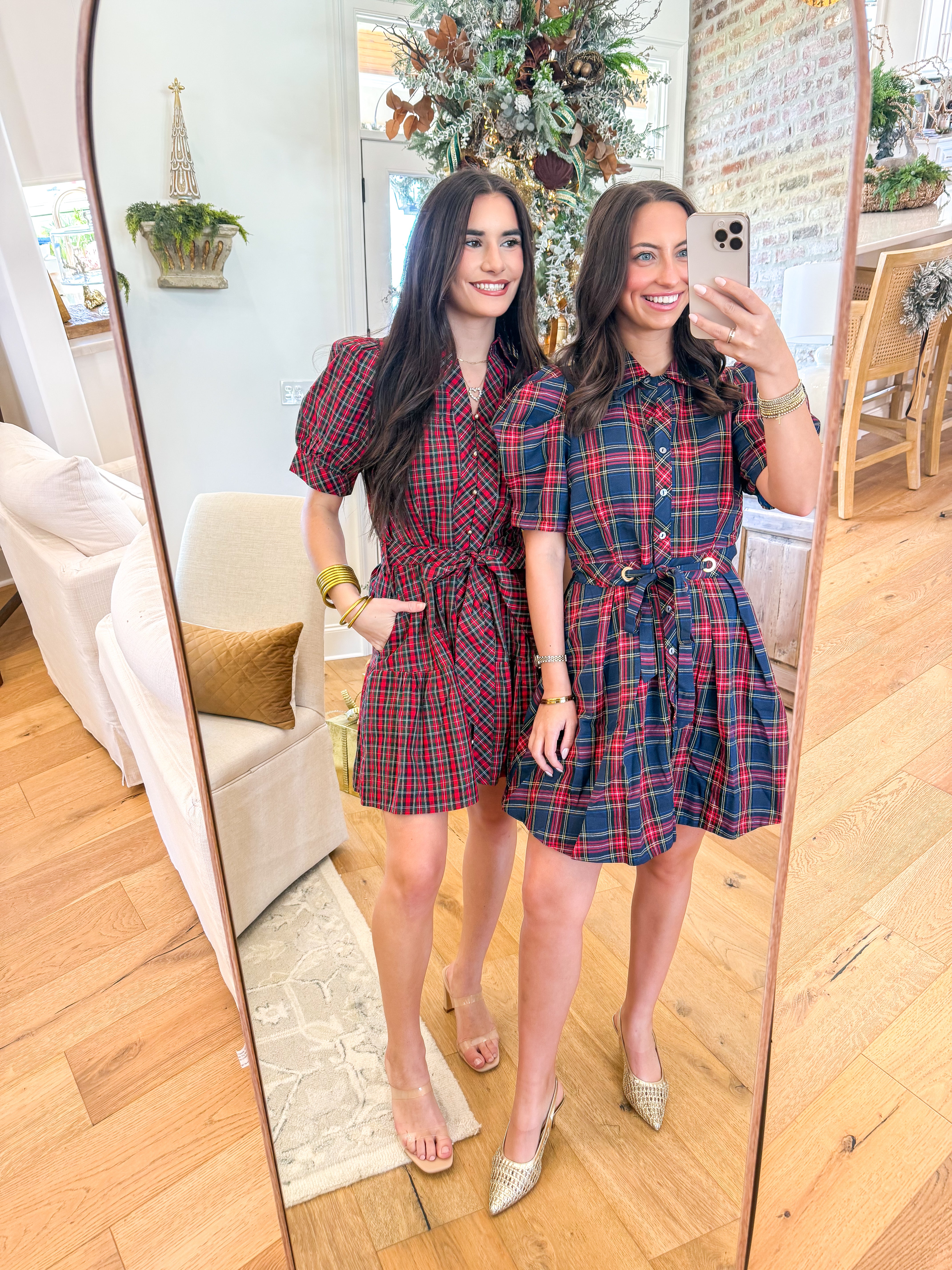 Tartan Charm Puff-Sleeve Mini Dress Navy