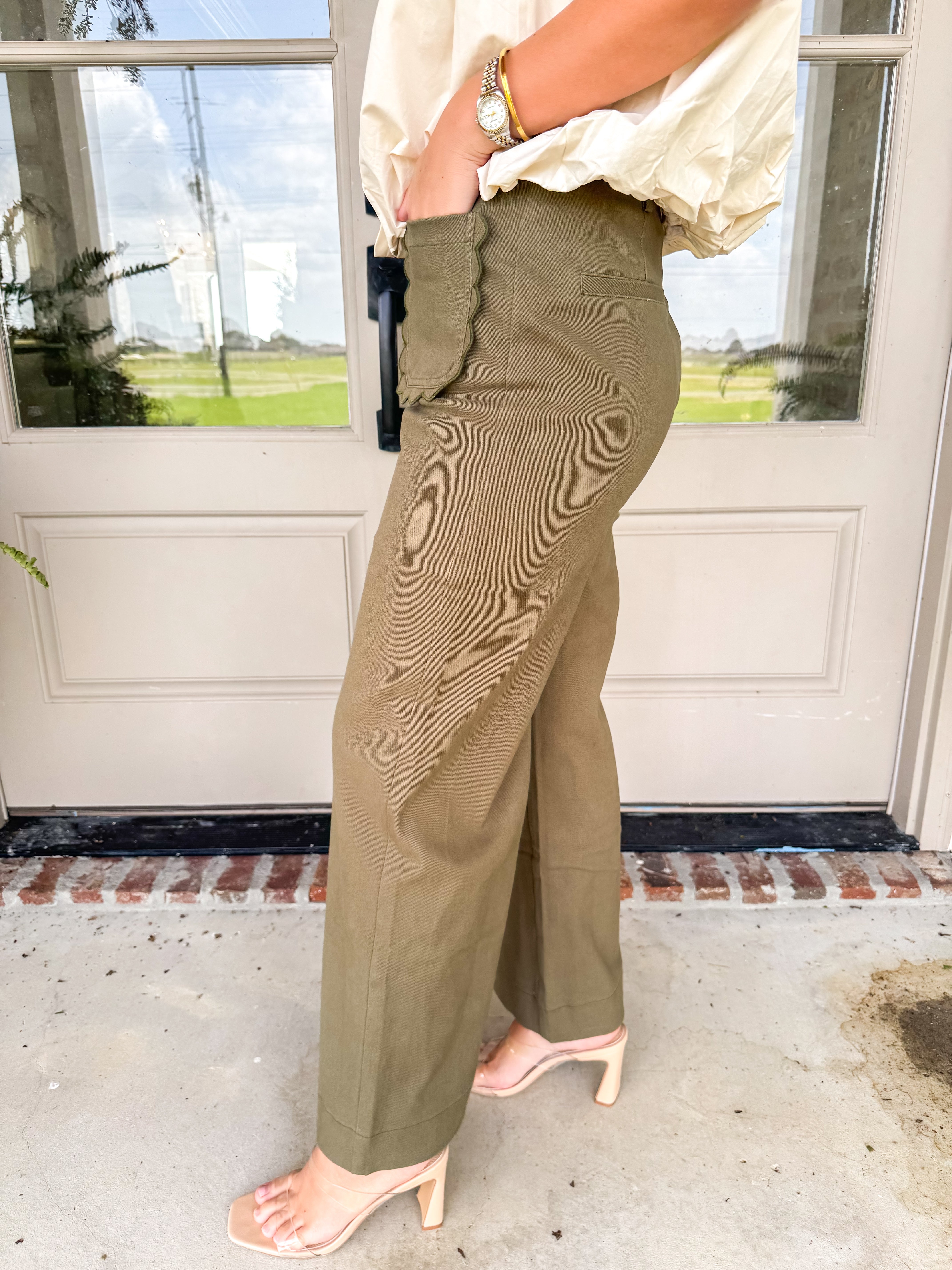 Scalloped Wide Leg Trousers Olive