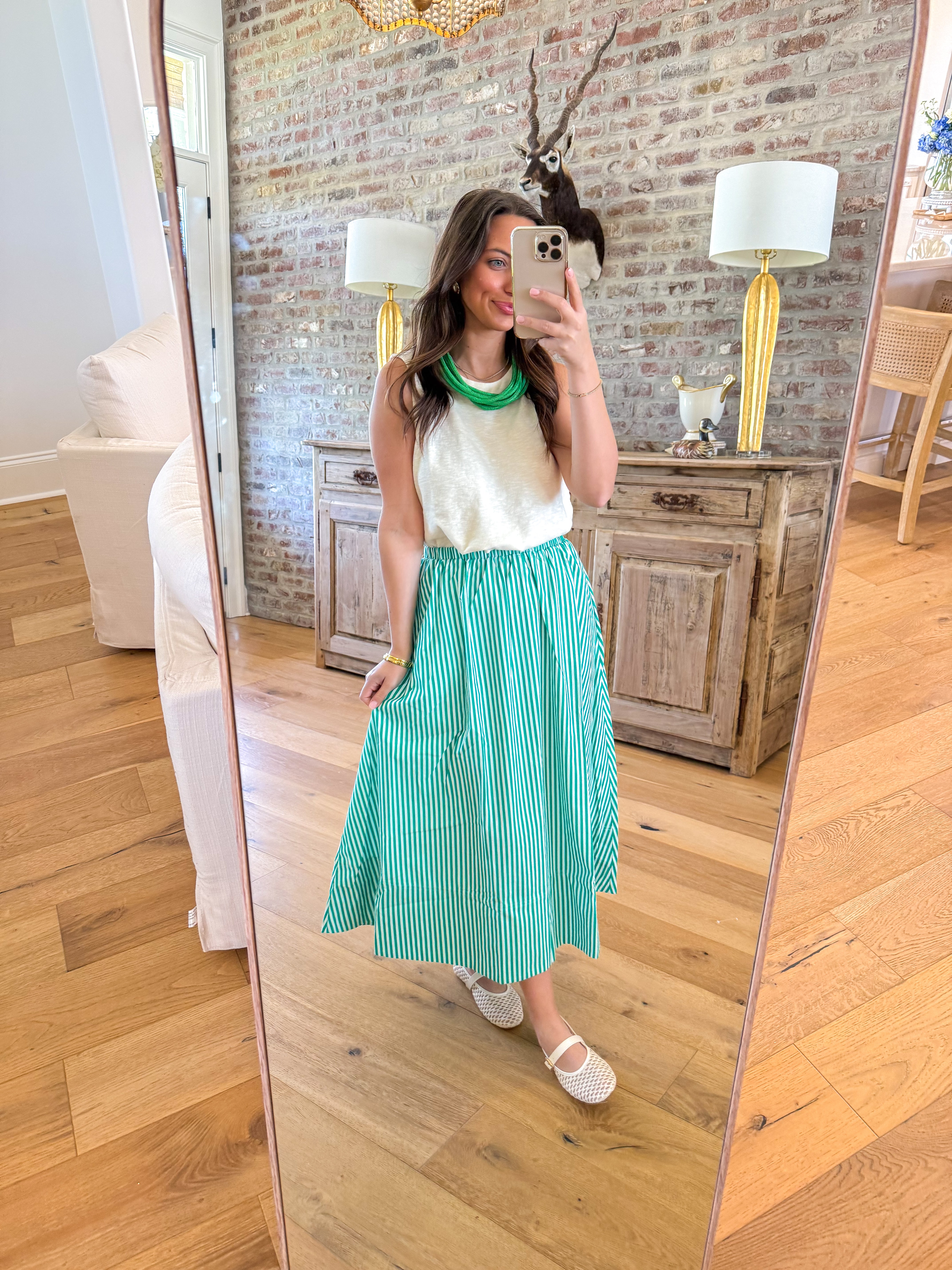 Green Garden Striped Midi Skirt