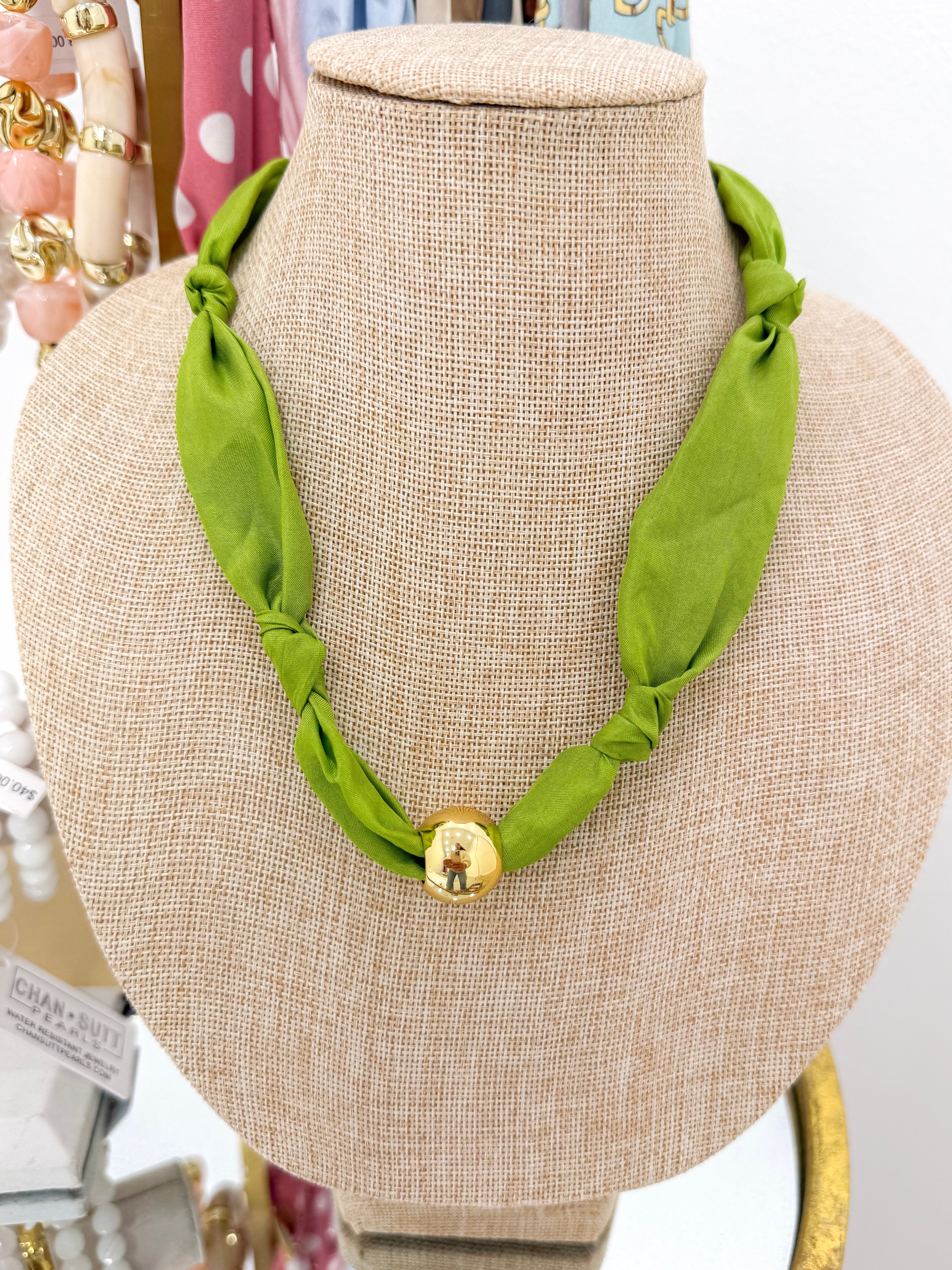 Chartreuse Gold Bead Knot Scarf Necklace