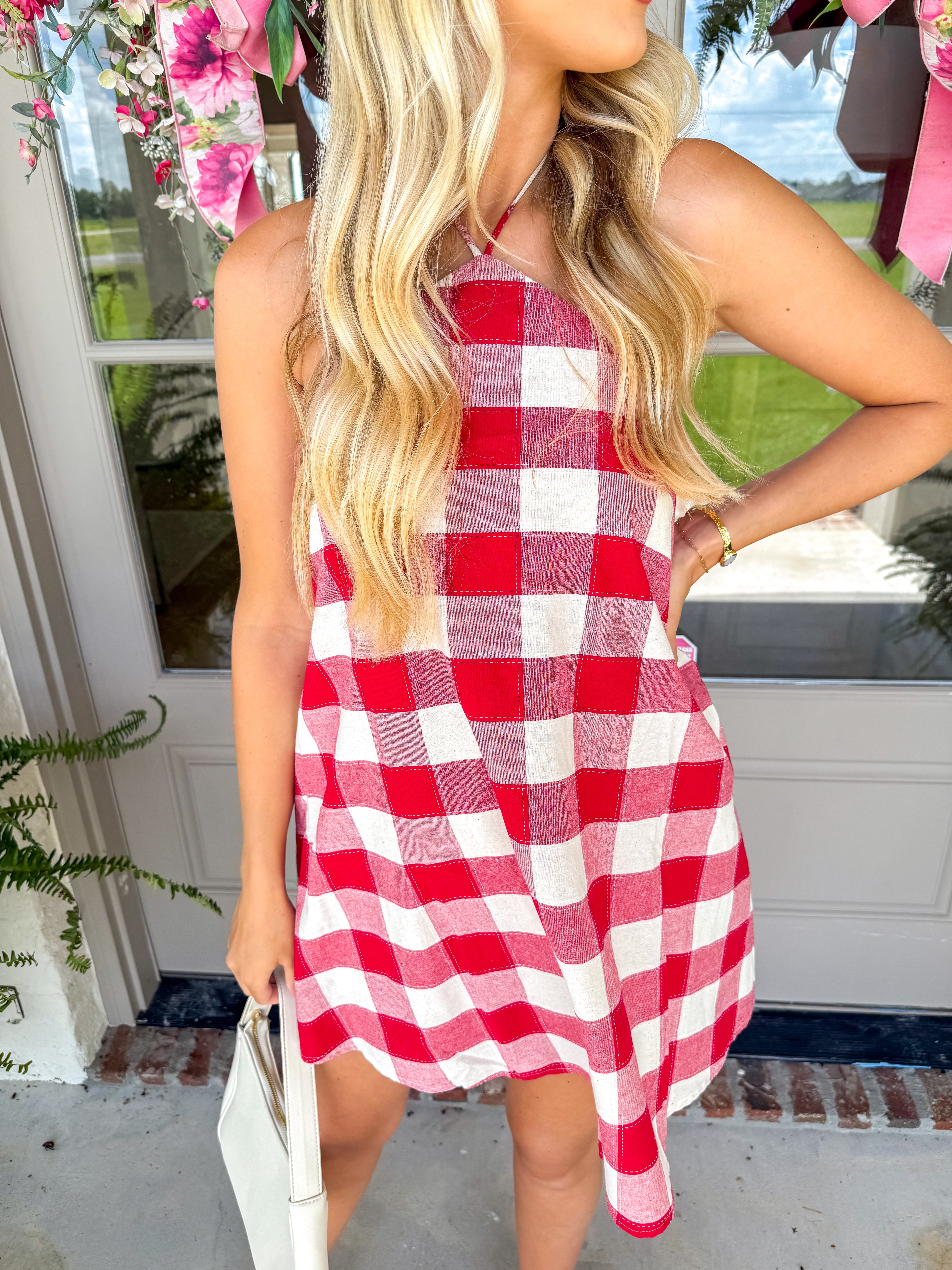 Flora Red Gingham Halter Romper Dress