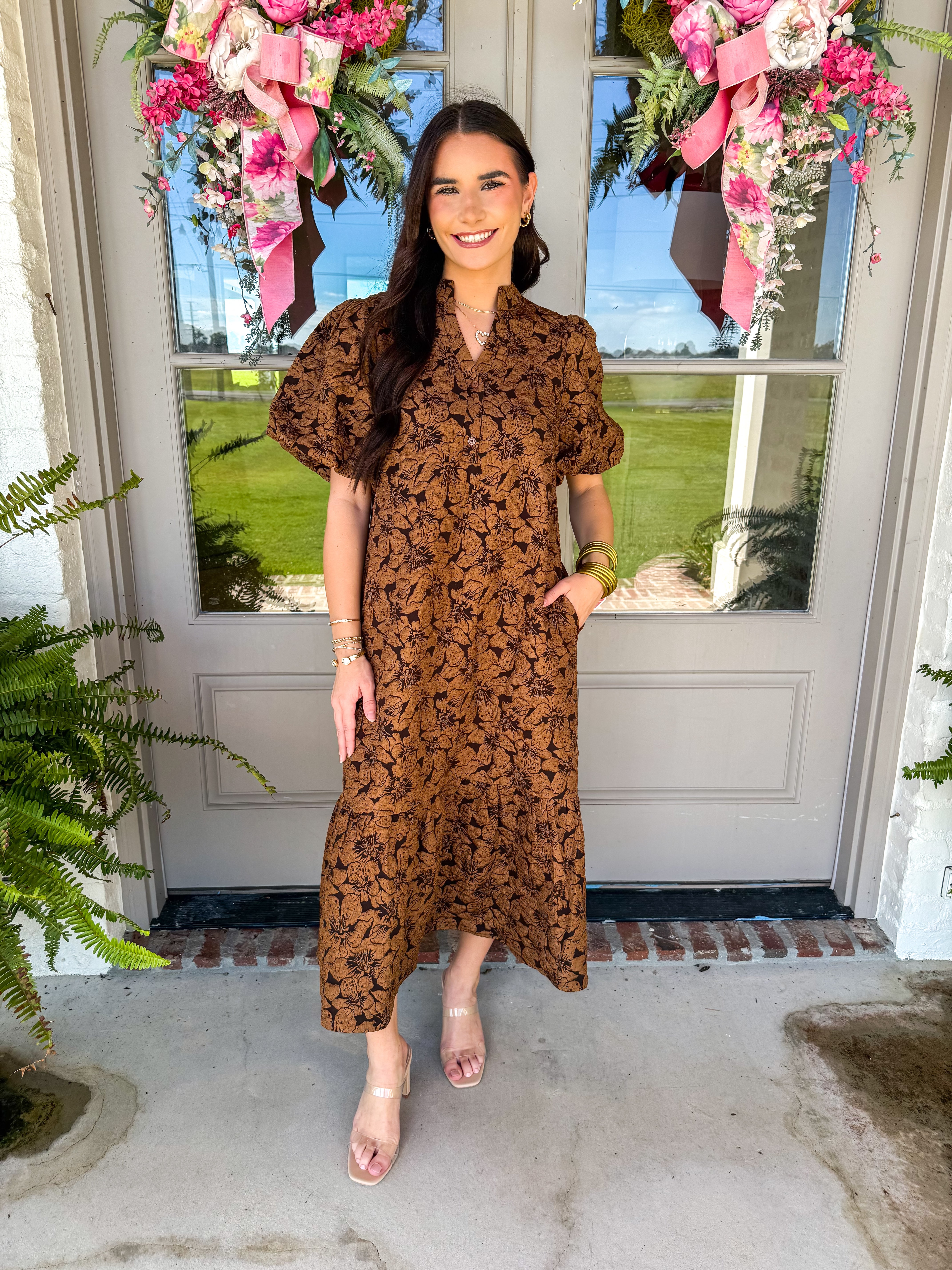Brown Bloom Jacquard Midi Dress