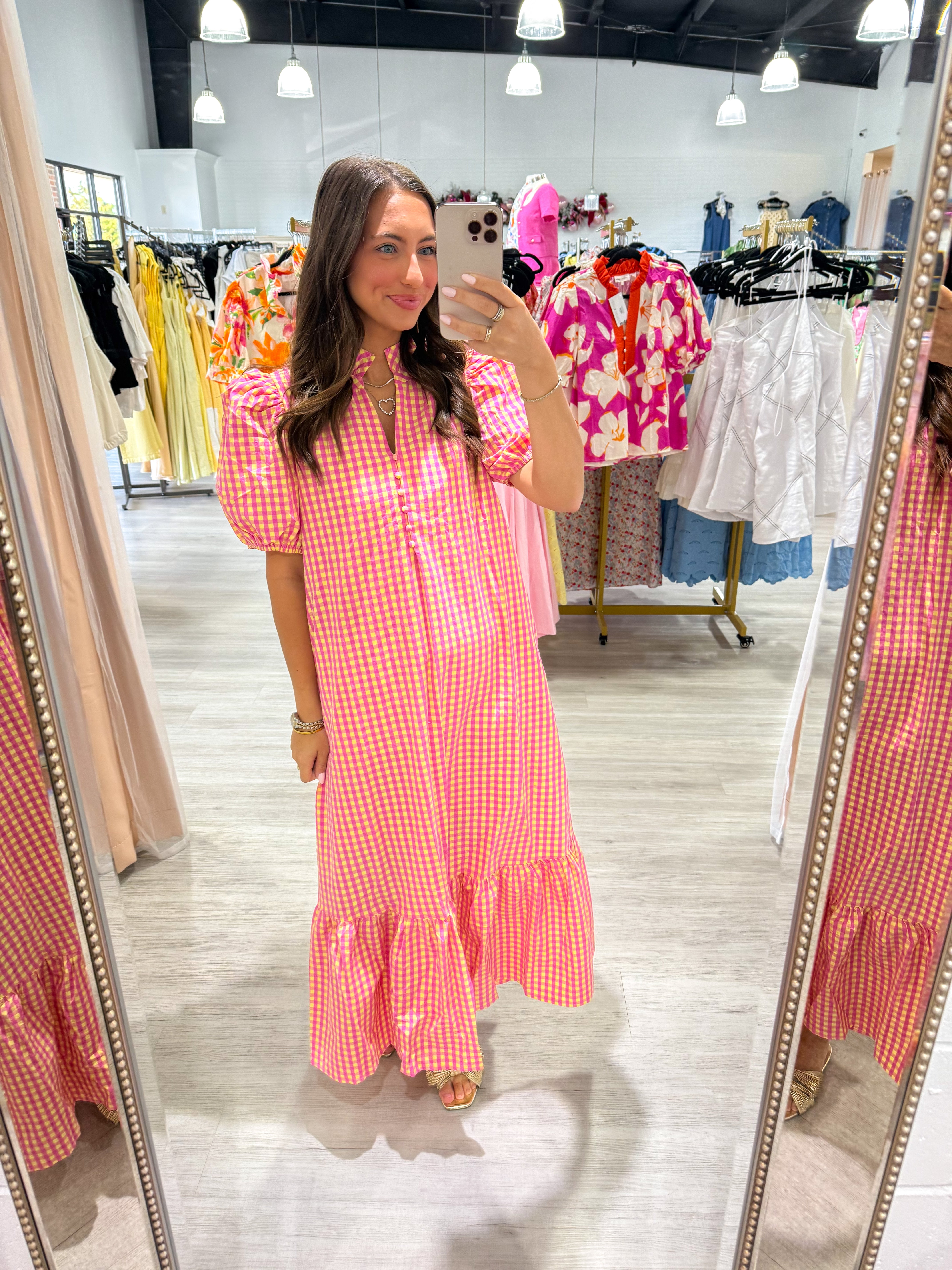 Picnic in the Park Pink Gingham Midi Dress