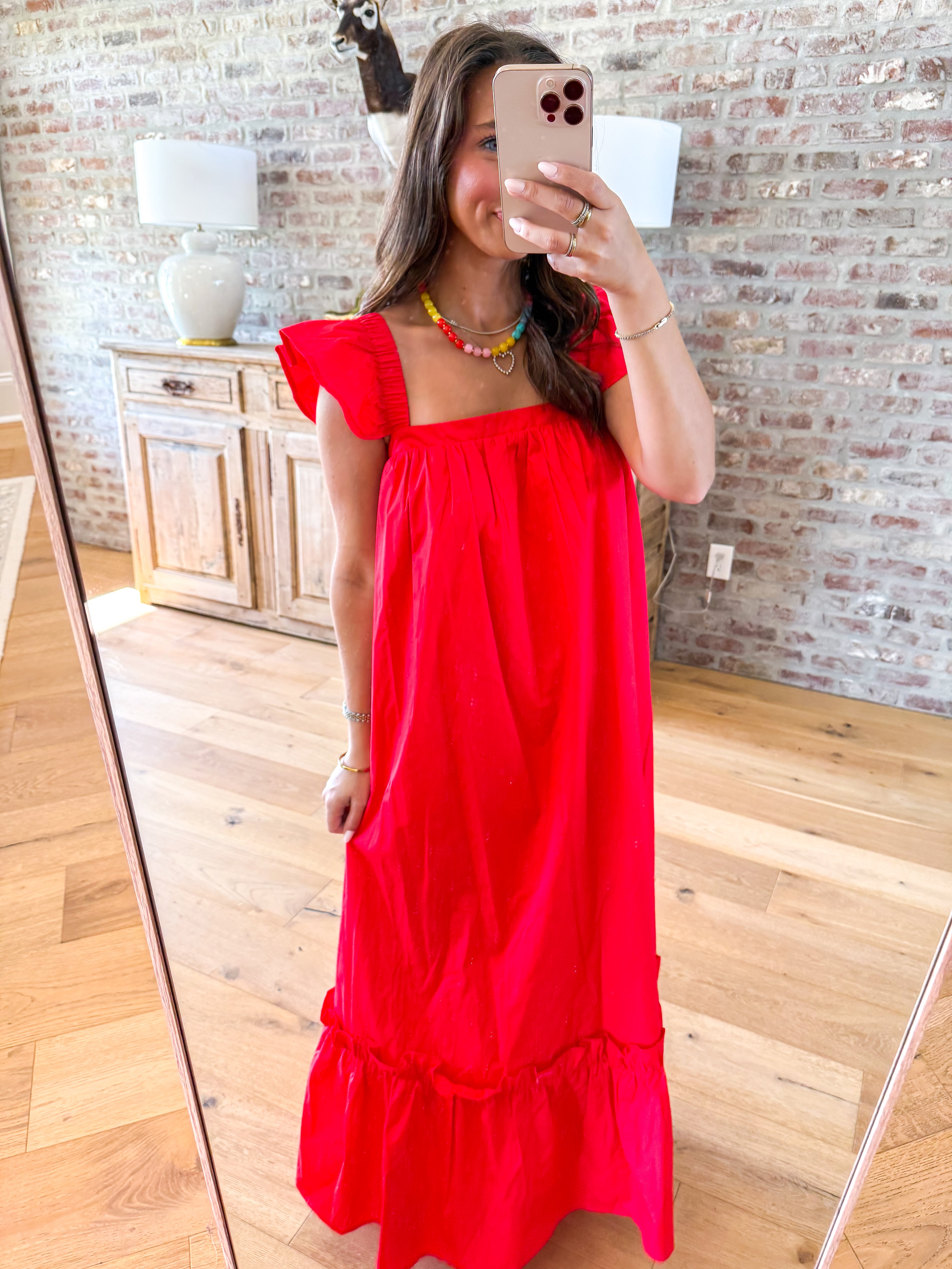 Cherry Red Flutter Sleeve Midi Dress