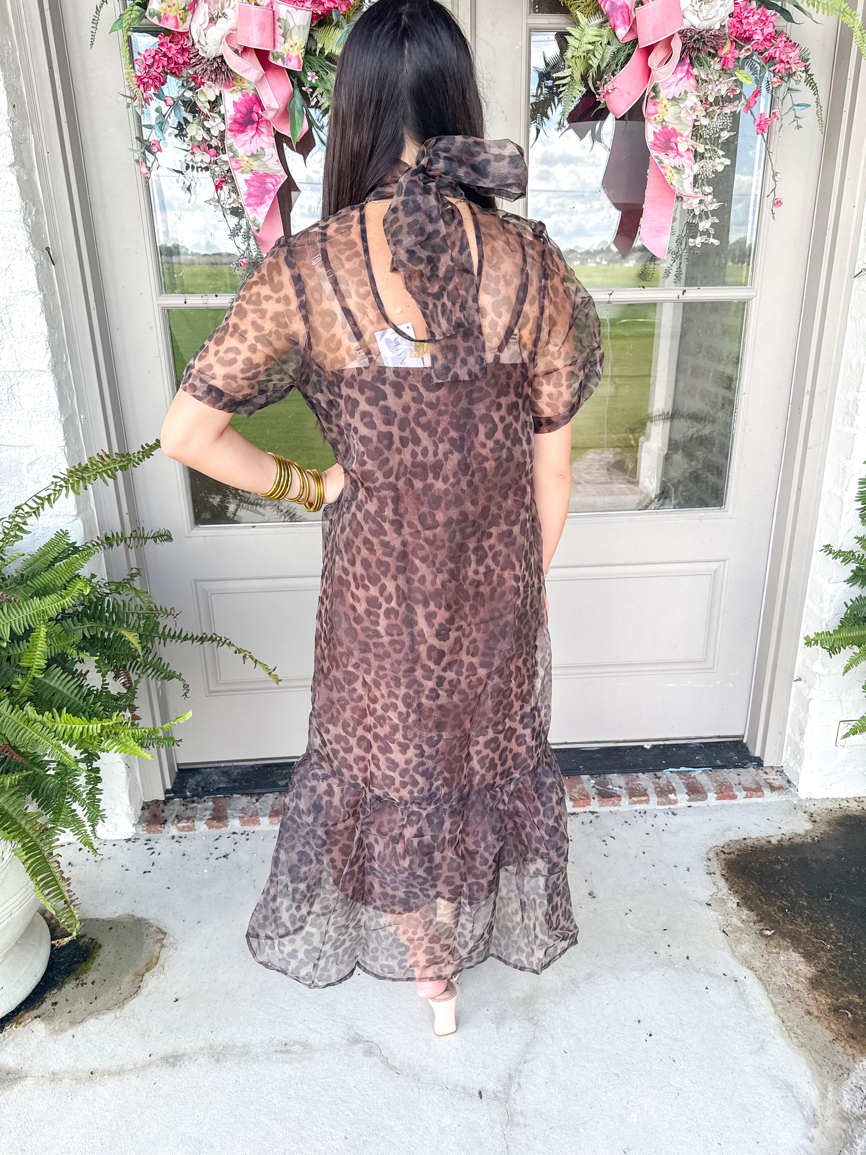 Leopard Organza Scarf-Tie Midi Dress