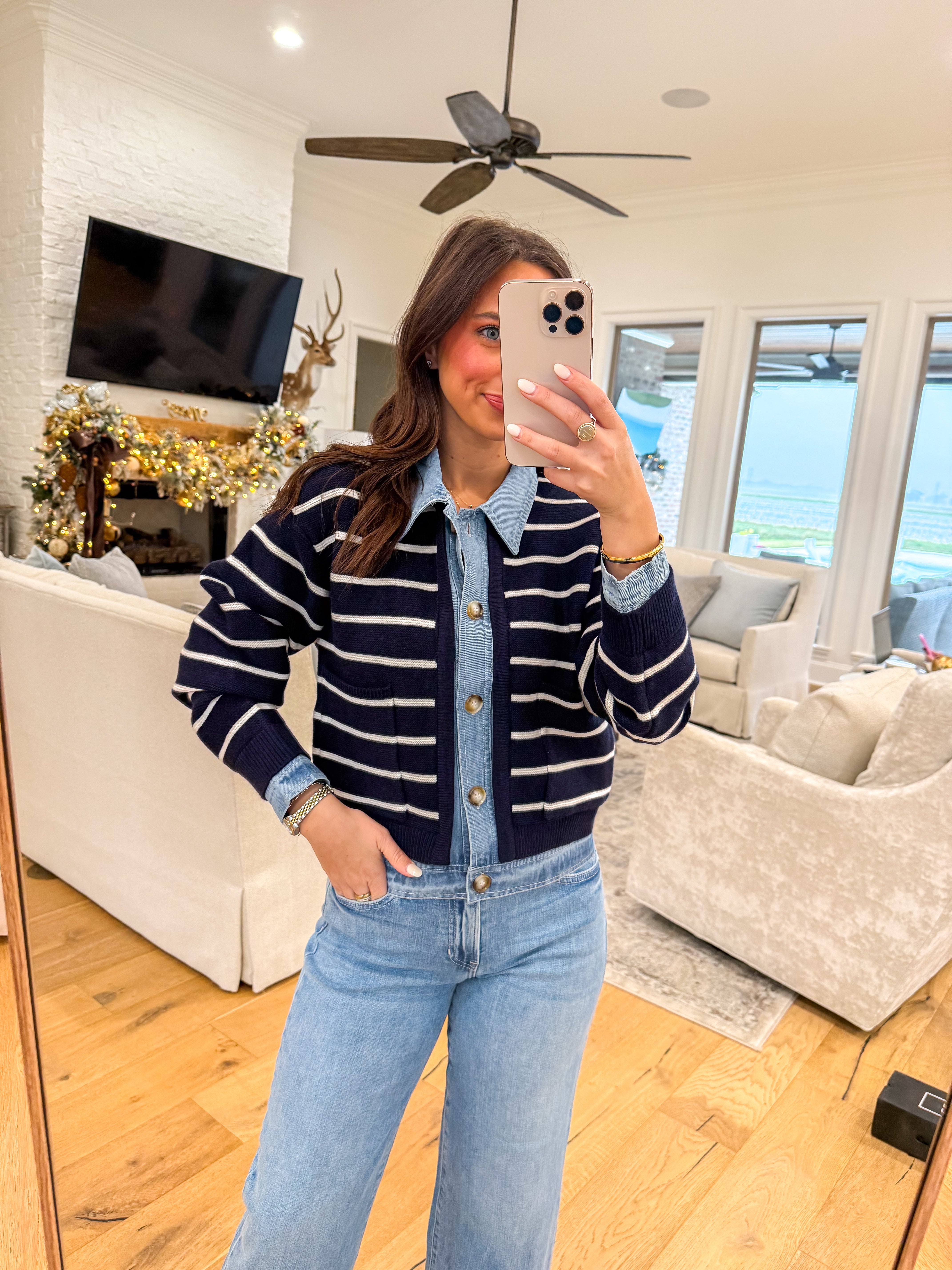 Navy Striped Knit & Denim Cardigan