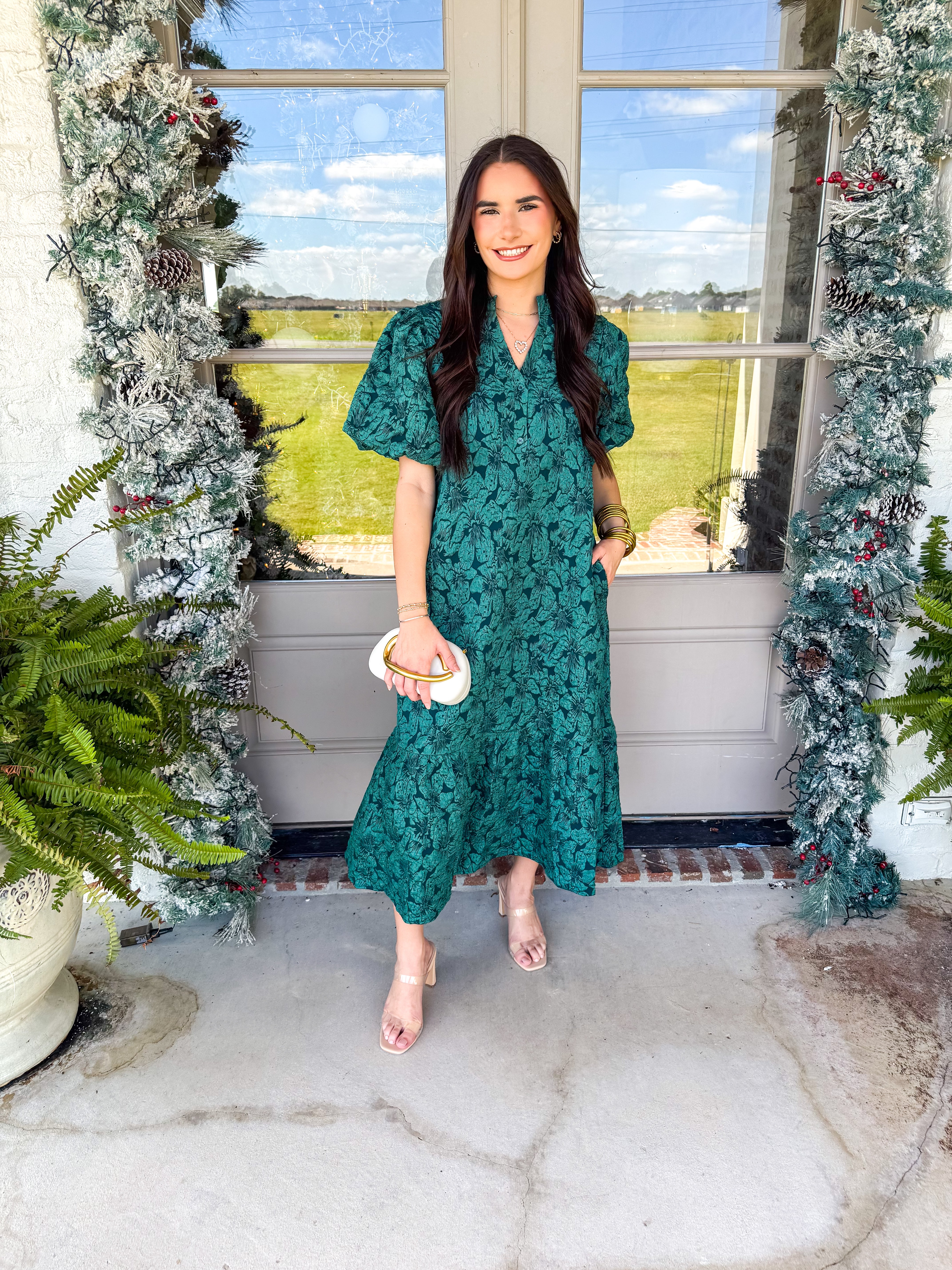 Emerald Puff Sleeve Jacquard Midi Dress