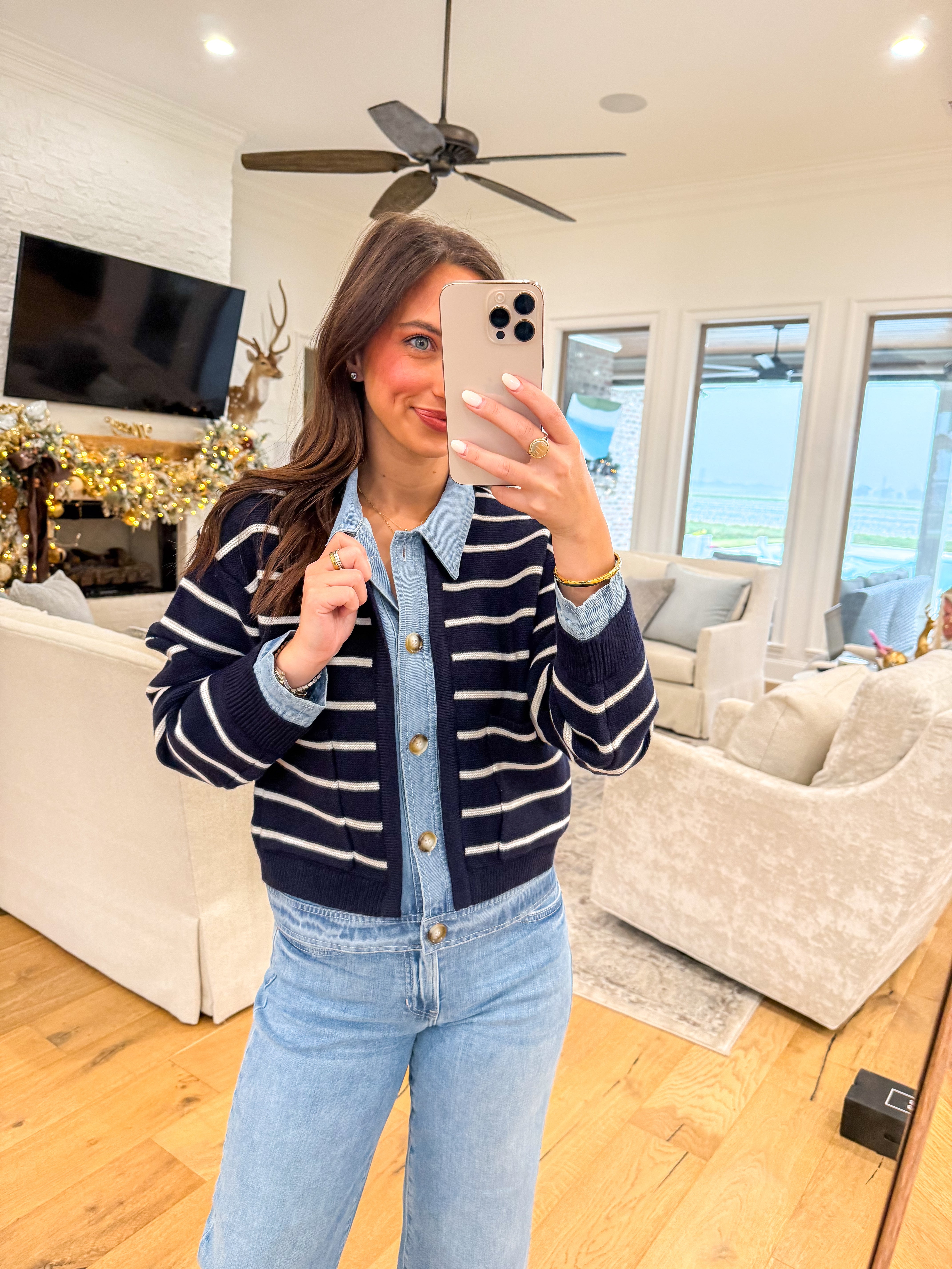 Navy Striped Knit & Denim Cardigan