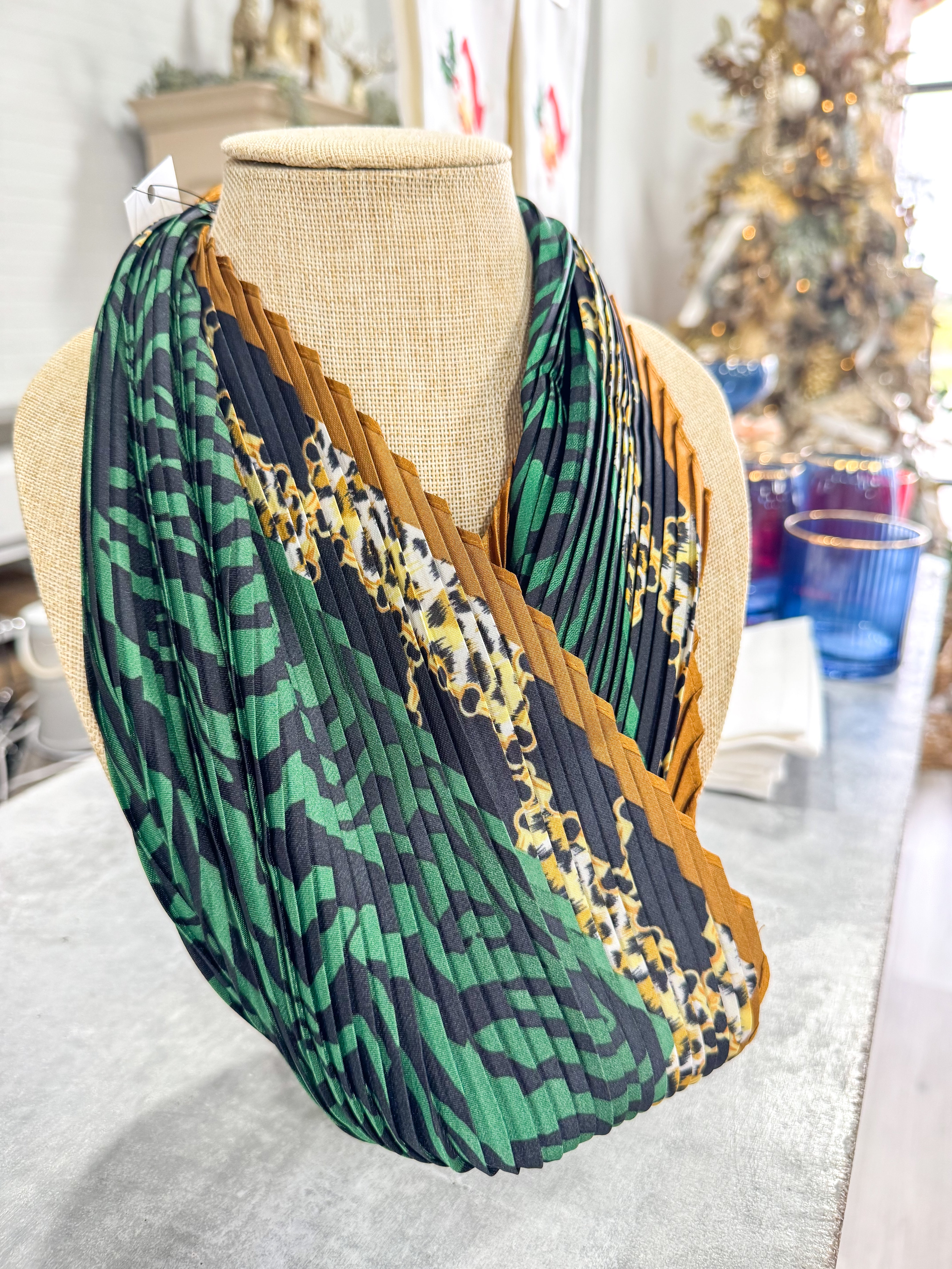 Green/navy/Brown Cheeta Scarf