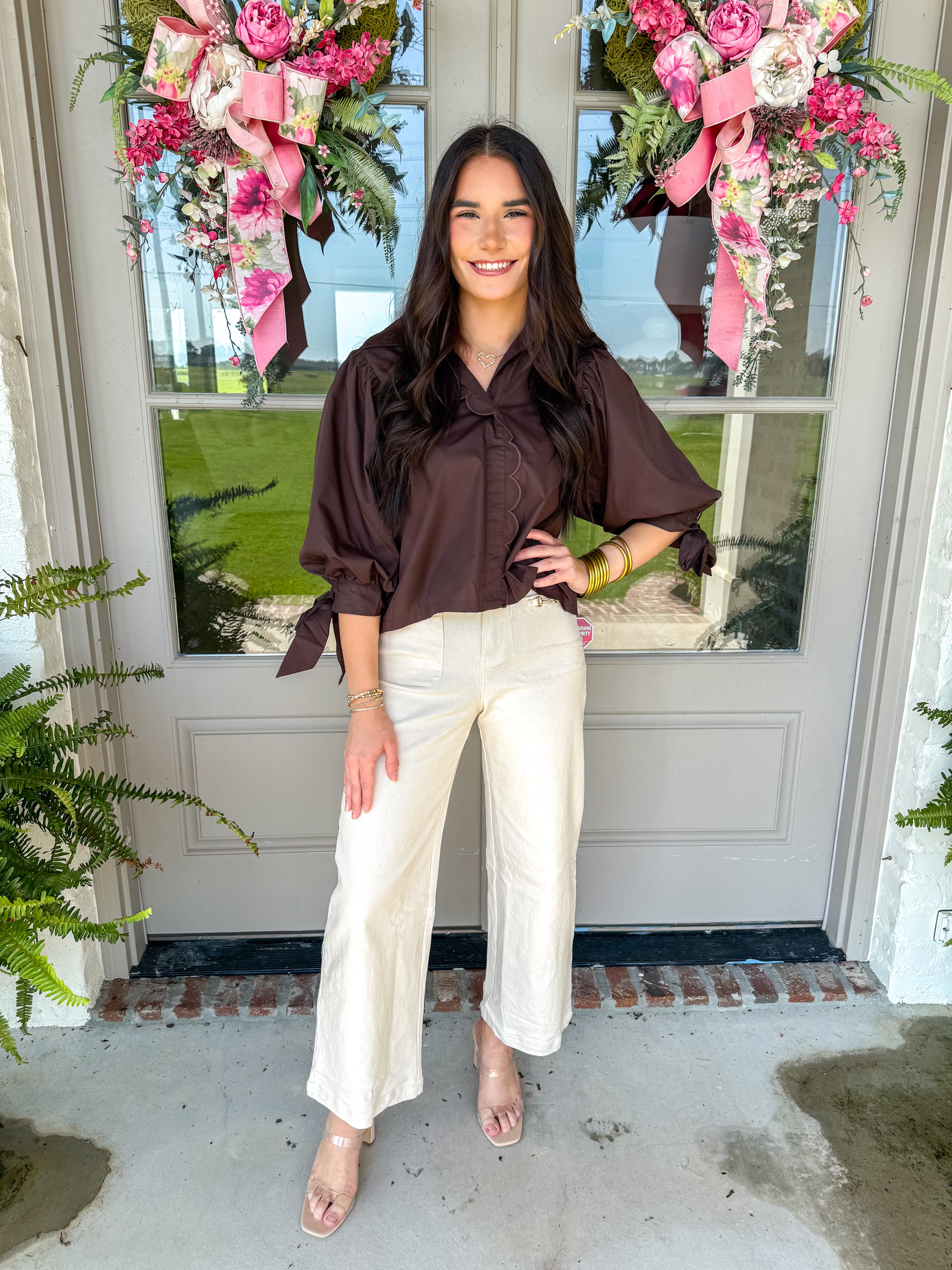 Scalloped Edge Puff Sleeve Top Brown