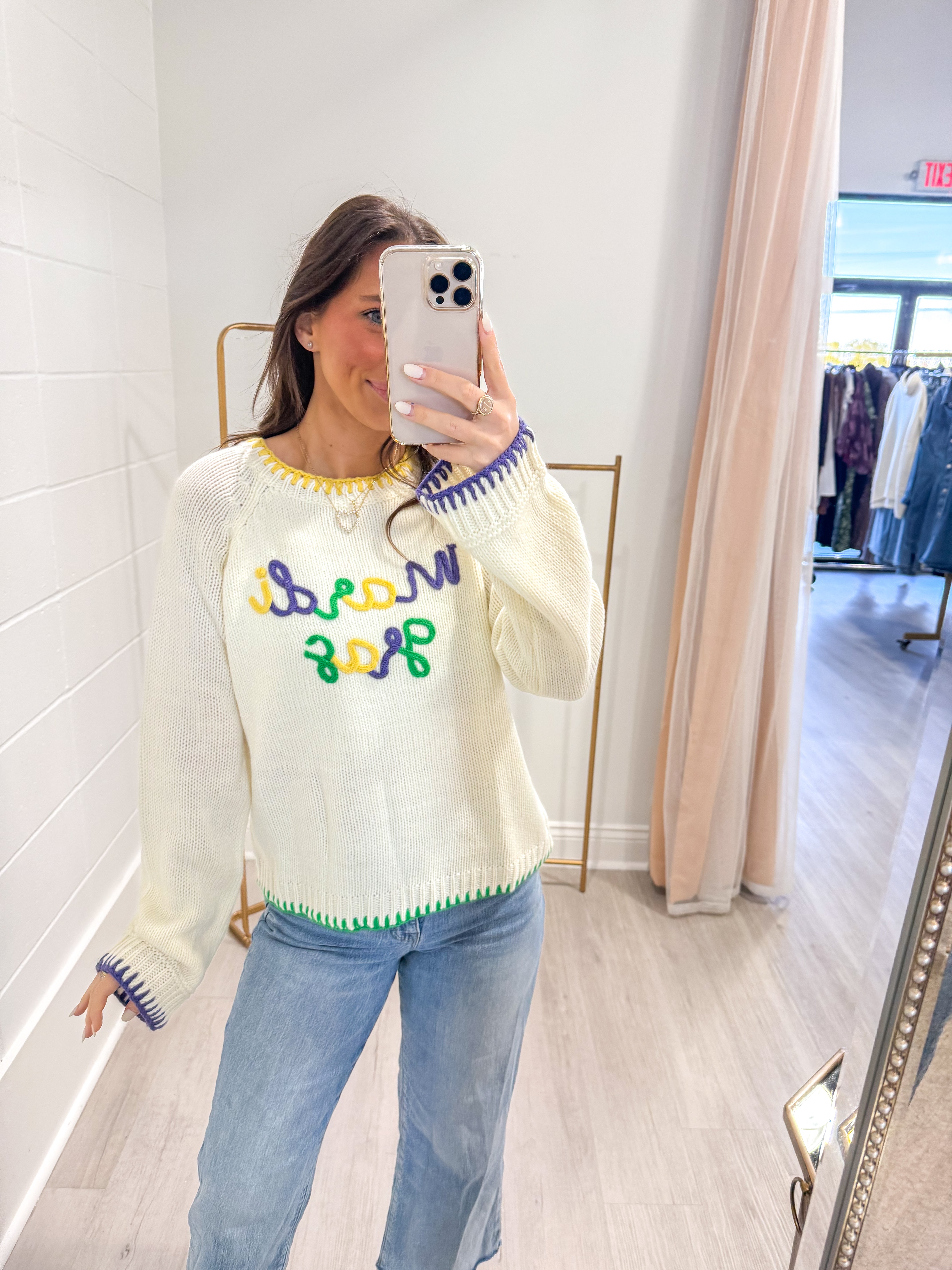 Mardi Gras Script Knit Sweater