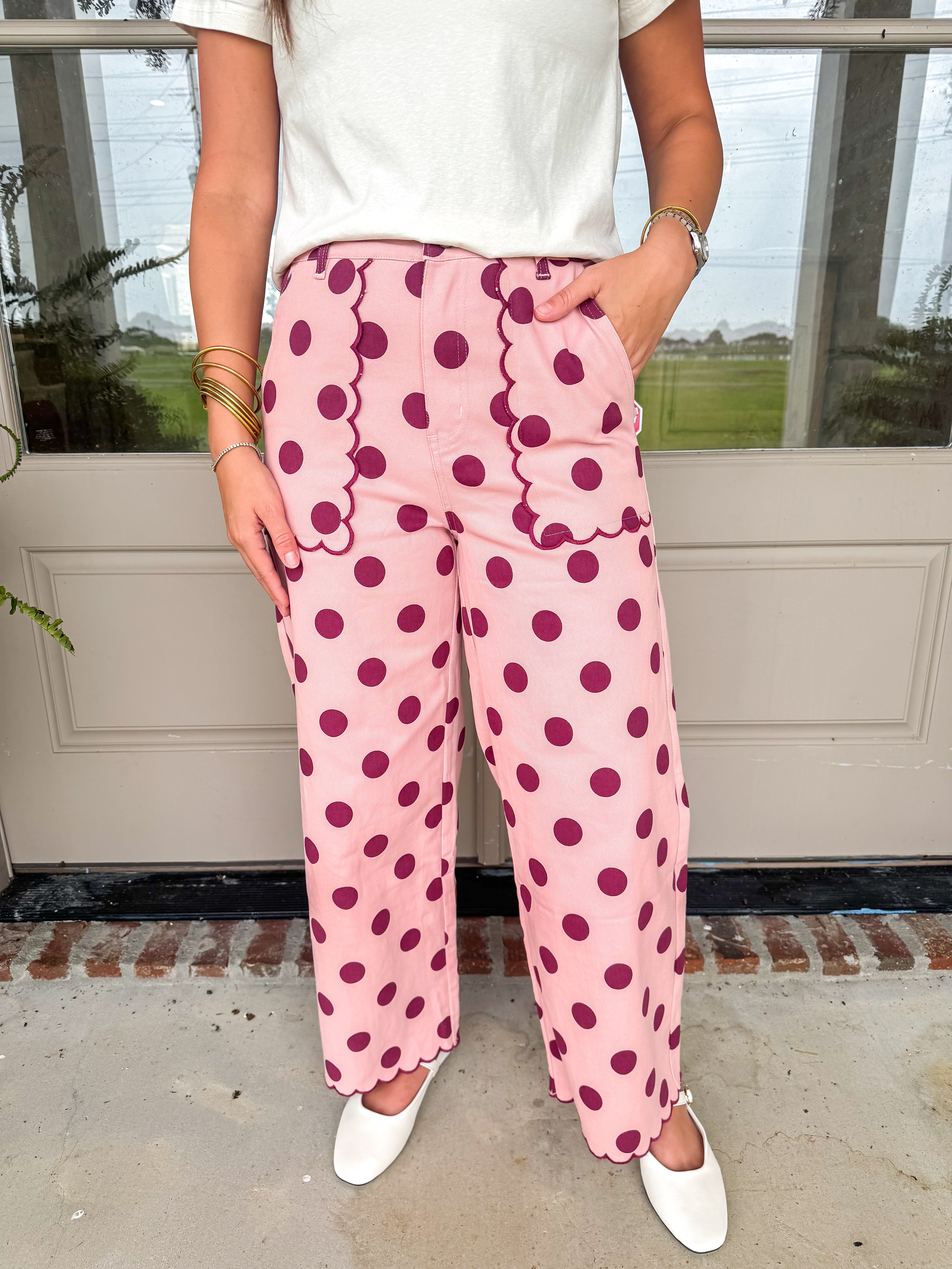 Scalloped Polka Dot Wide-Leg Pants Pink/Burgundy