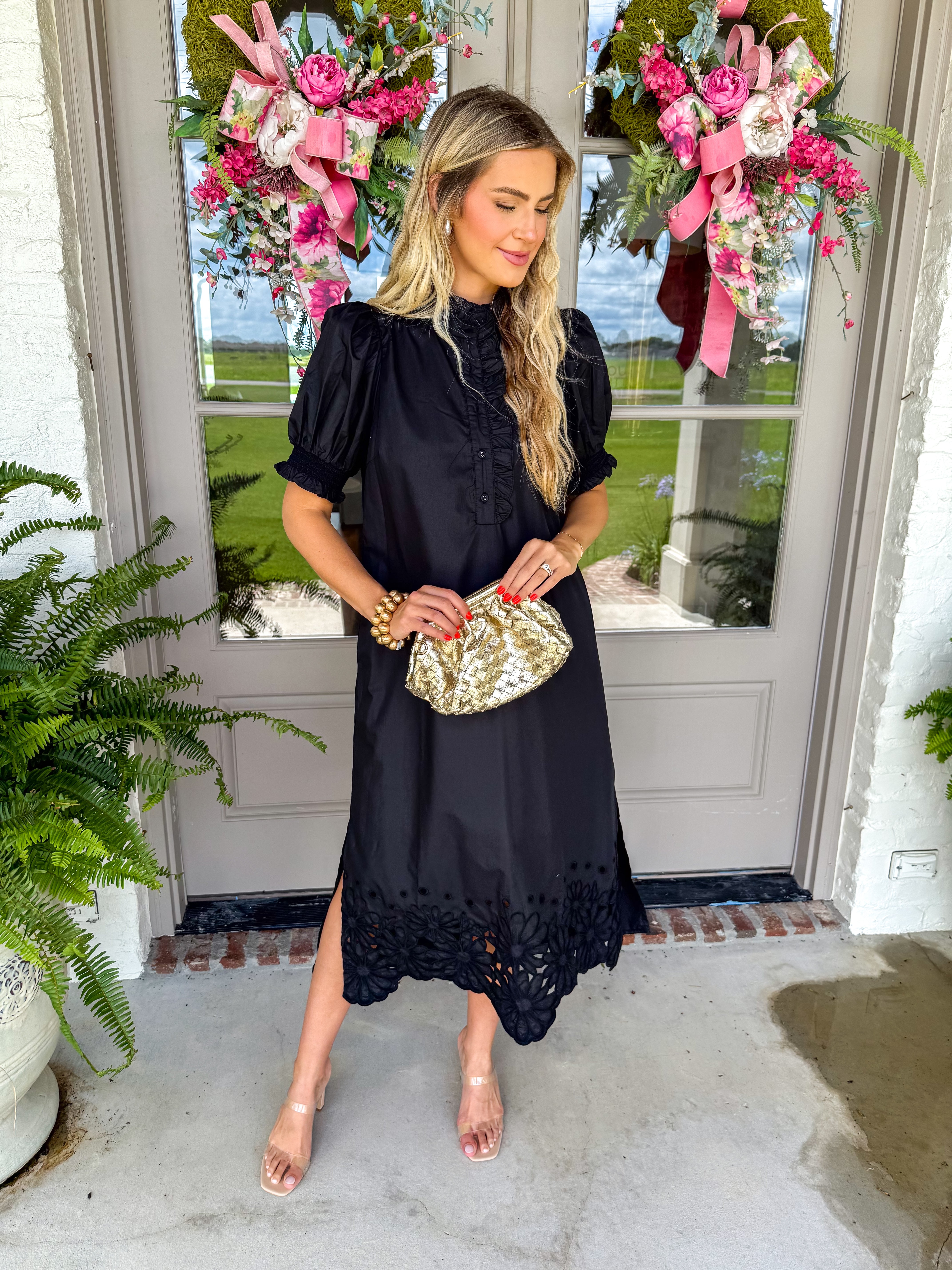 Black Ruffle Embroidered Midi