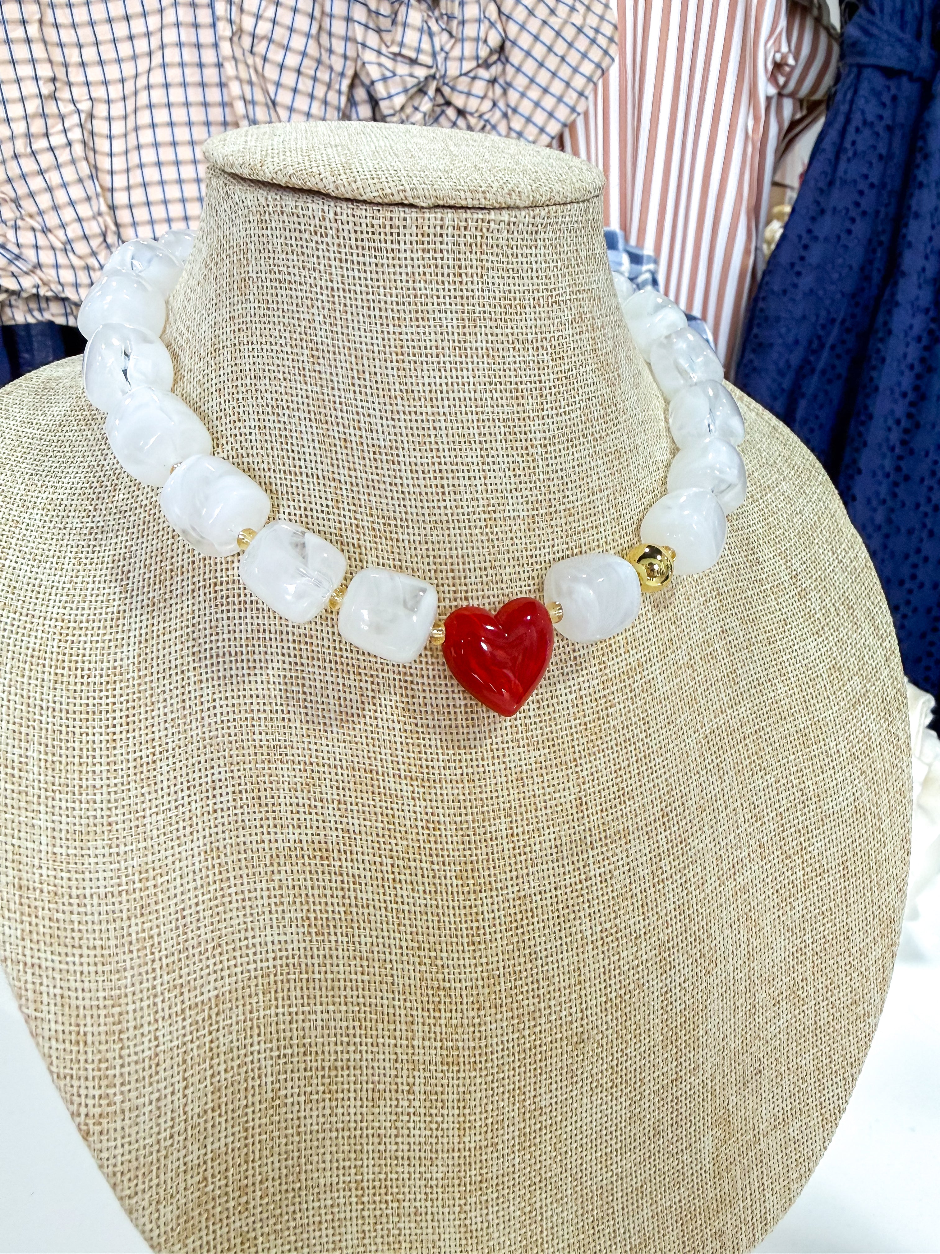 Clear Beaded Red Heart Necklace