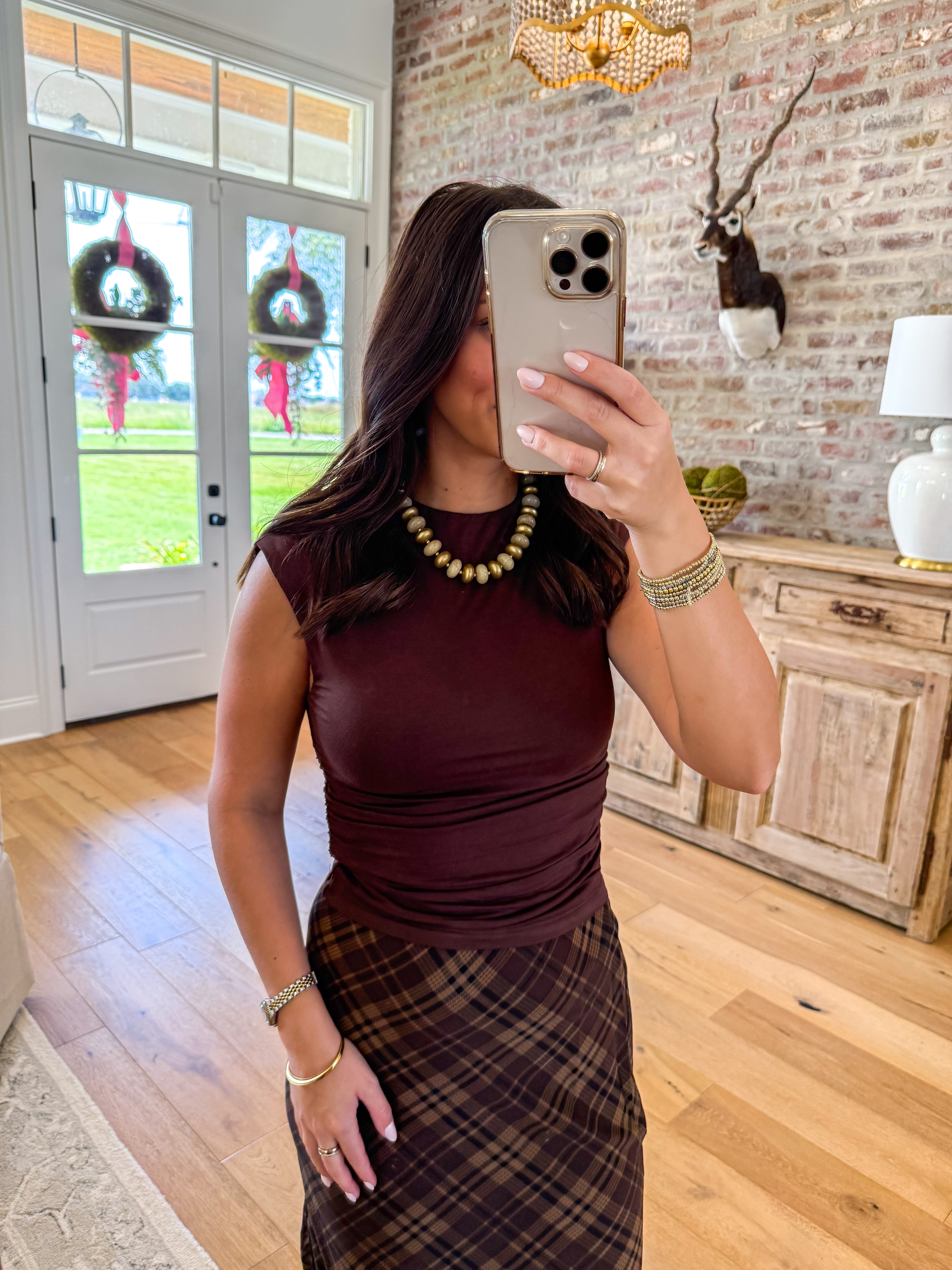 Cocoa Ruched Mock Neck Top