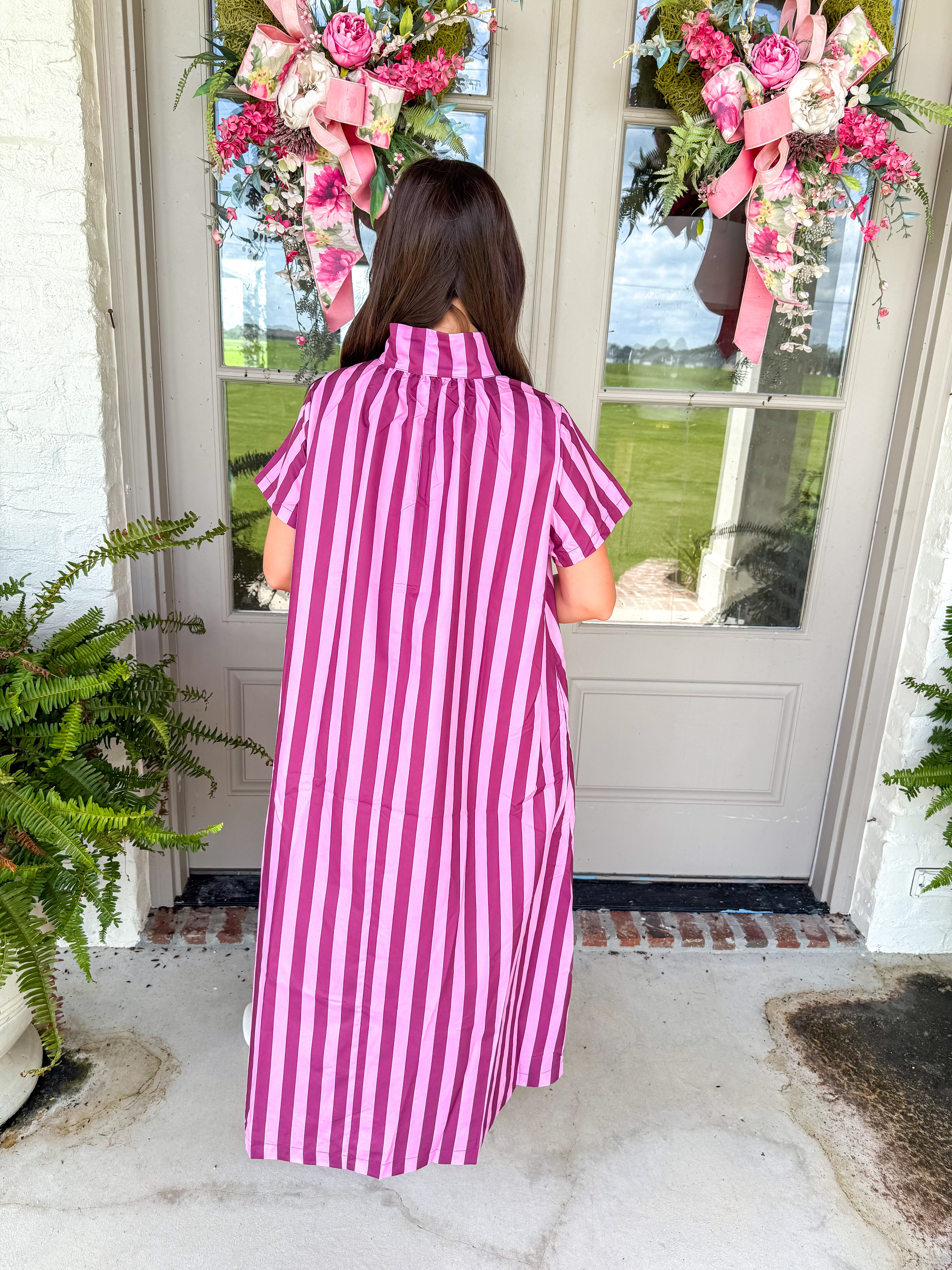 Berry Stripe High-Neck Midi Dress