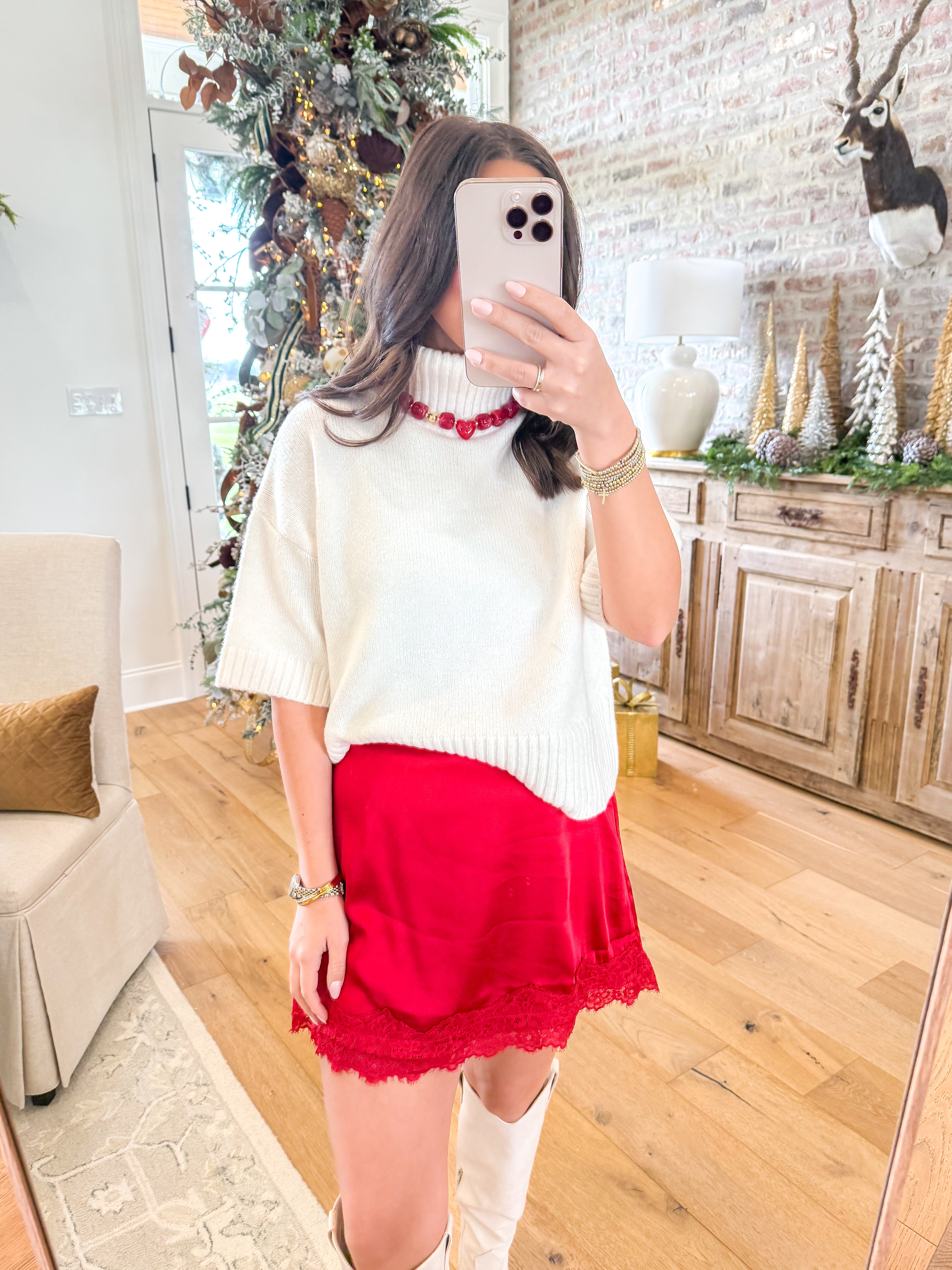 Red Lace-Trim Mini Skirt