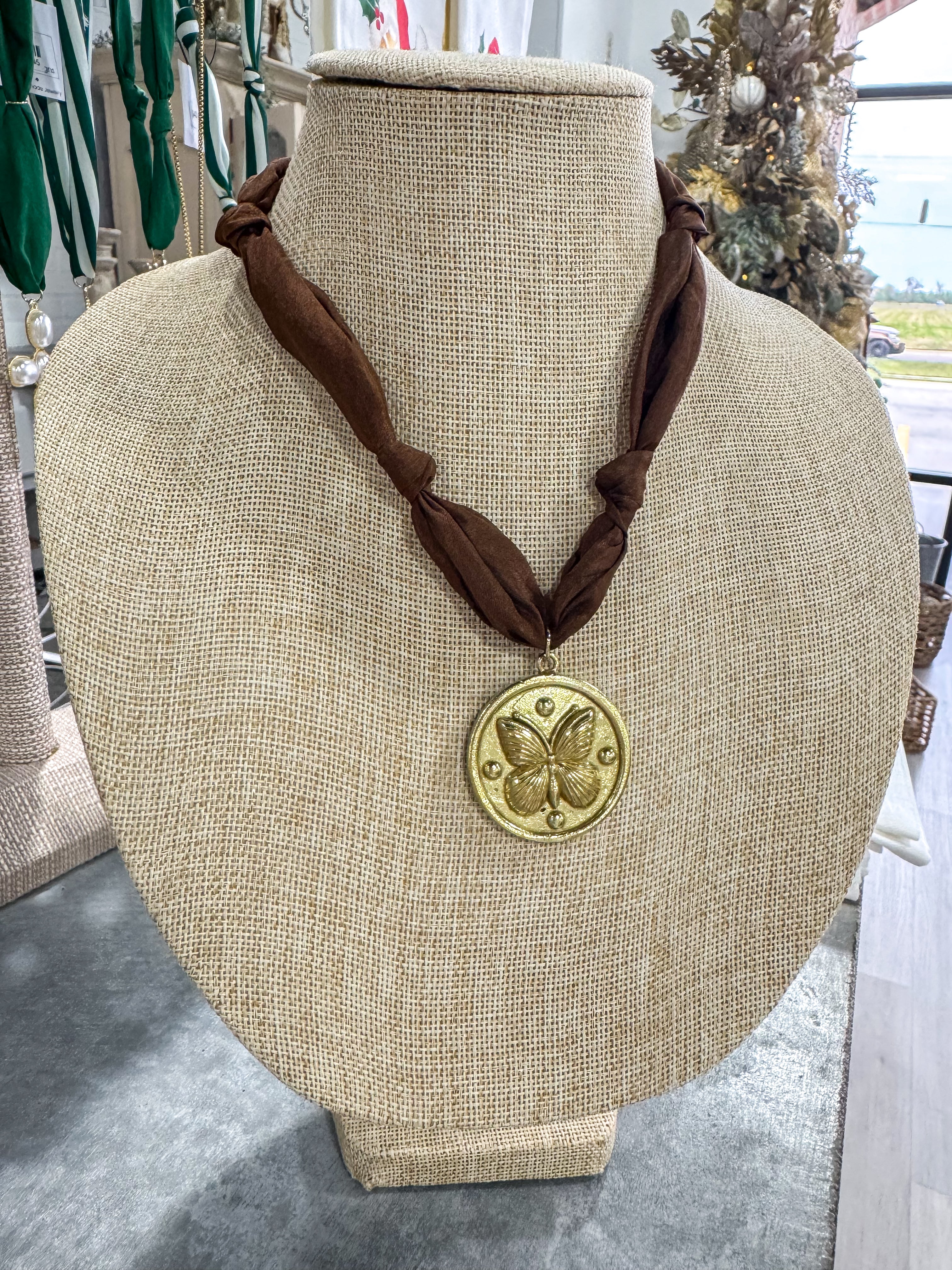 Brown Butterfly Pendant Scarf Necklace