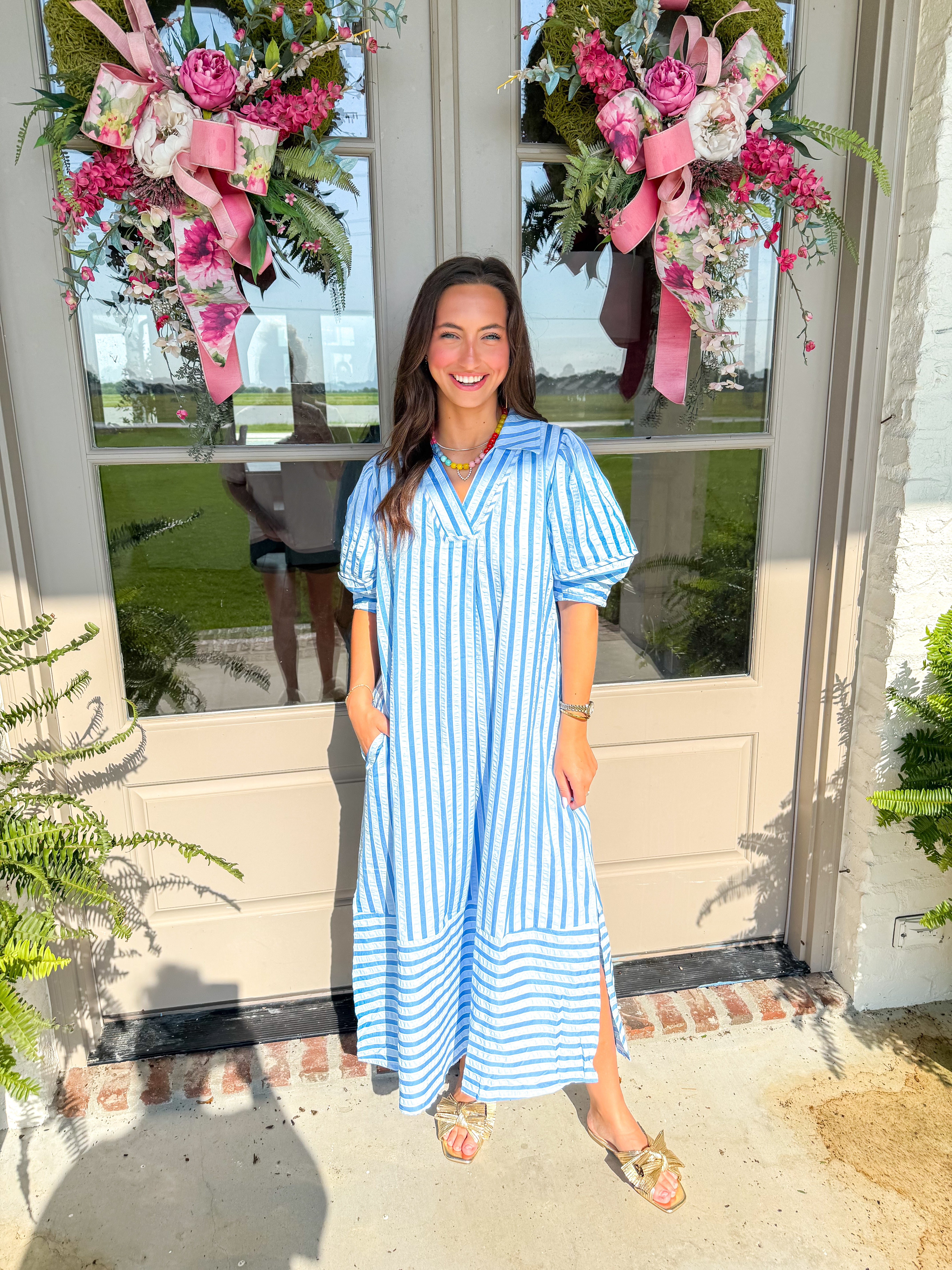 Coastal Stripe Puff Sleeve Midi Blue