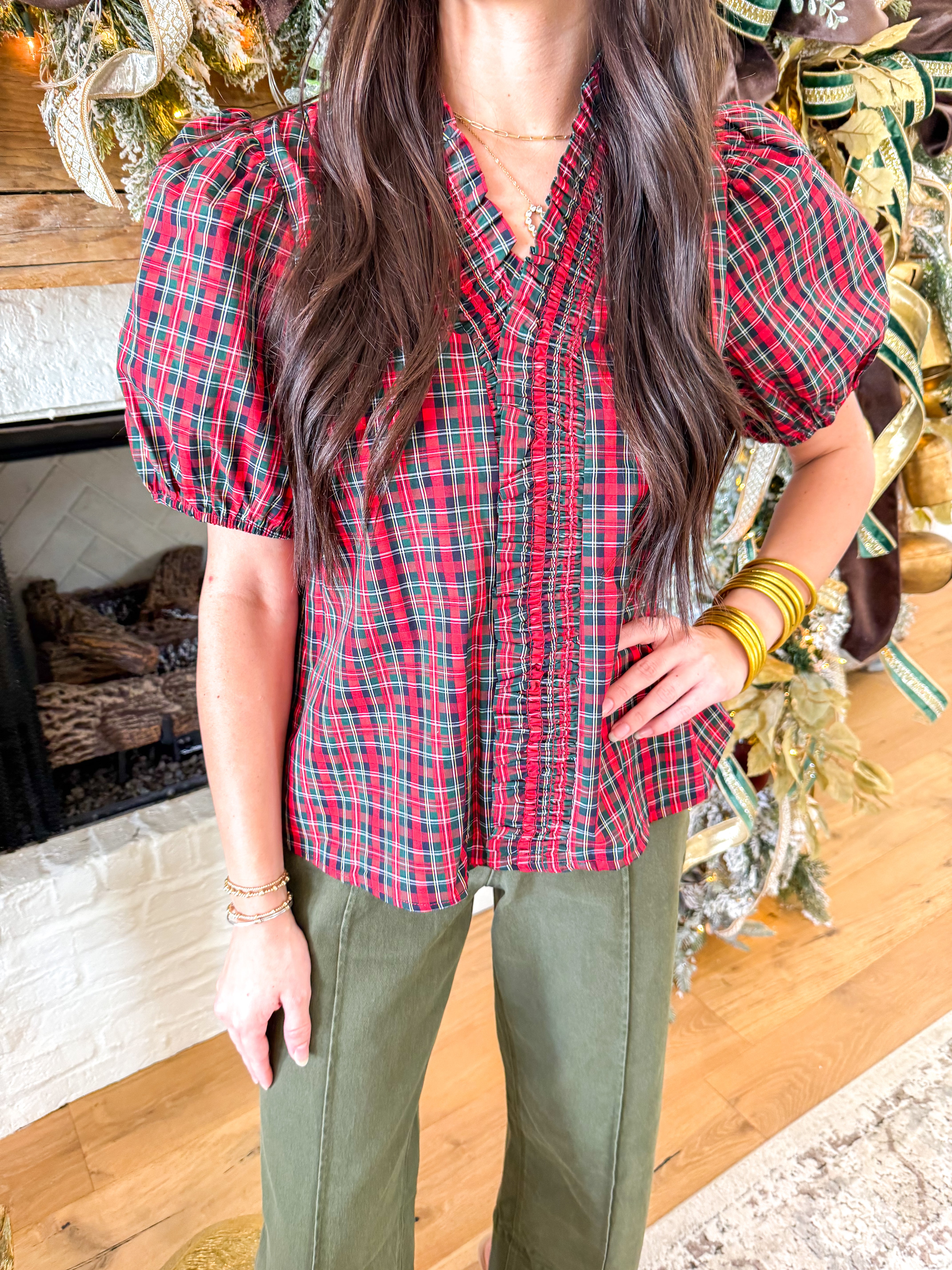 Tartan Plaid Puff Sleeve Blouse Red