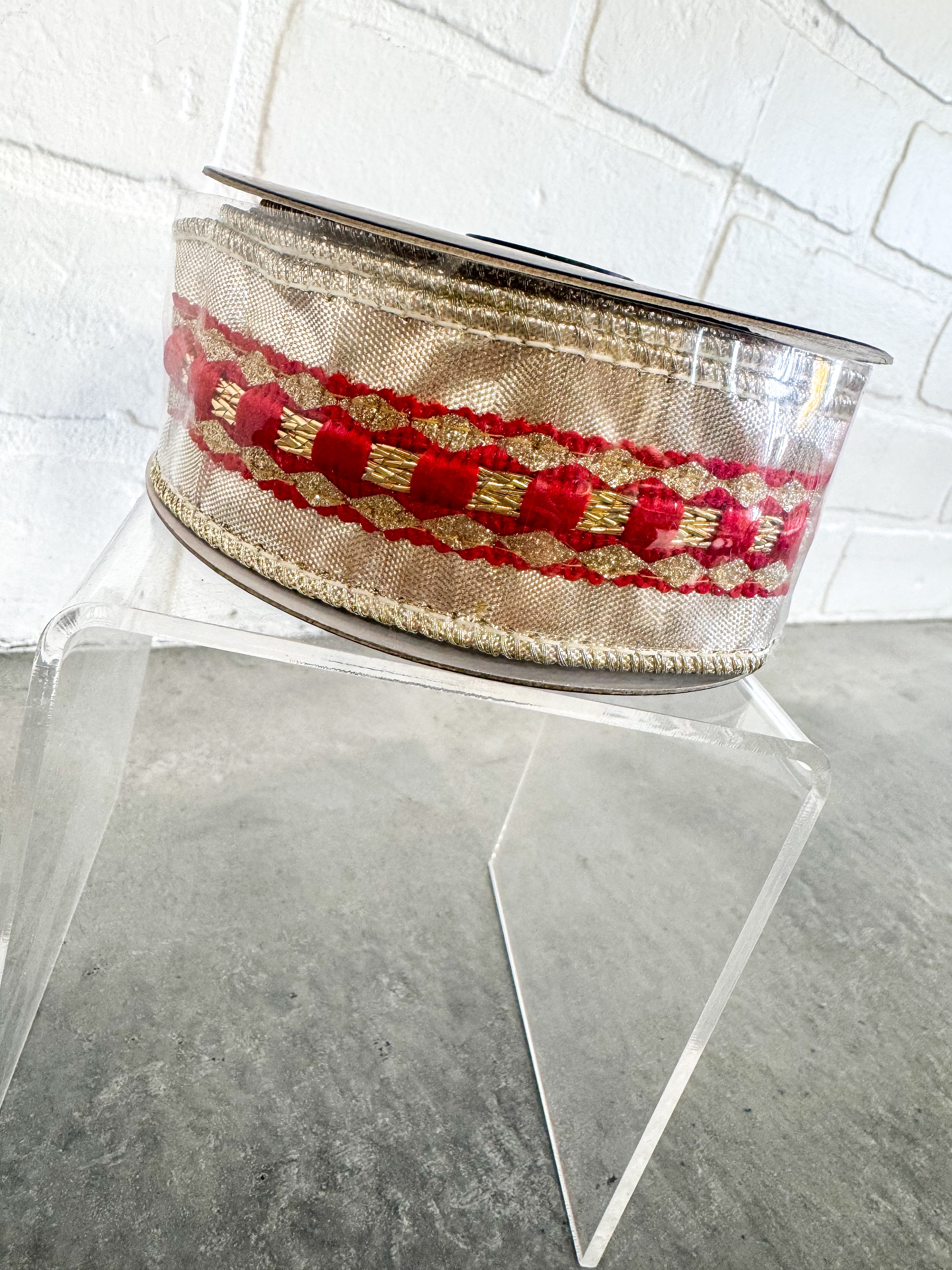 John Mark Ribbon Red Trim Metallic Dupion Platinum- 1.5x5yd