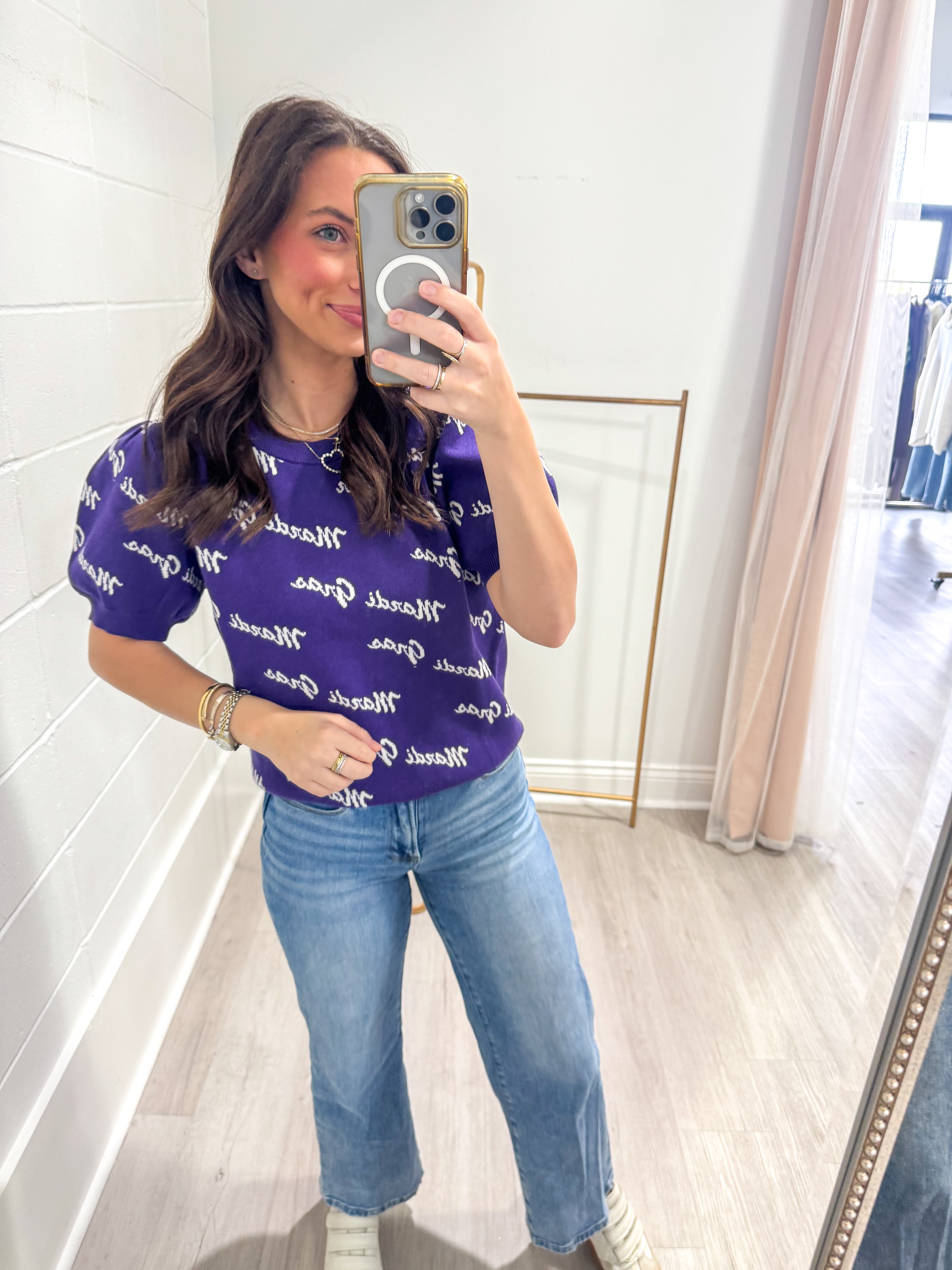 Mardi Gras Words Purple Puff Sleeve Top