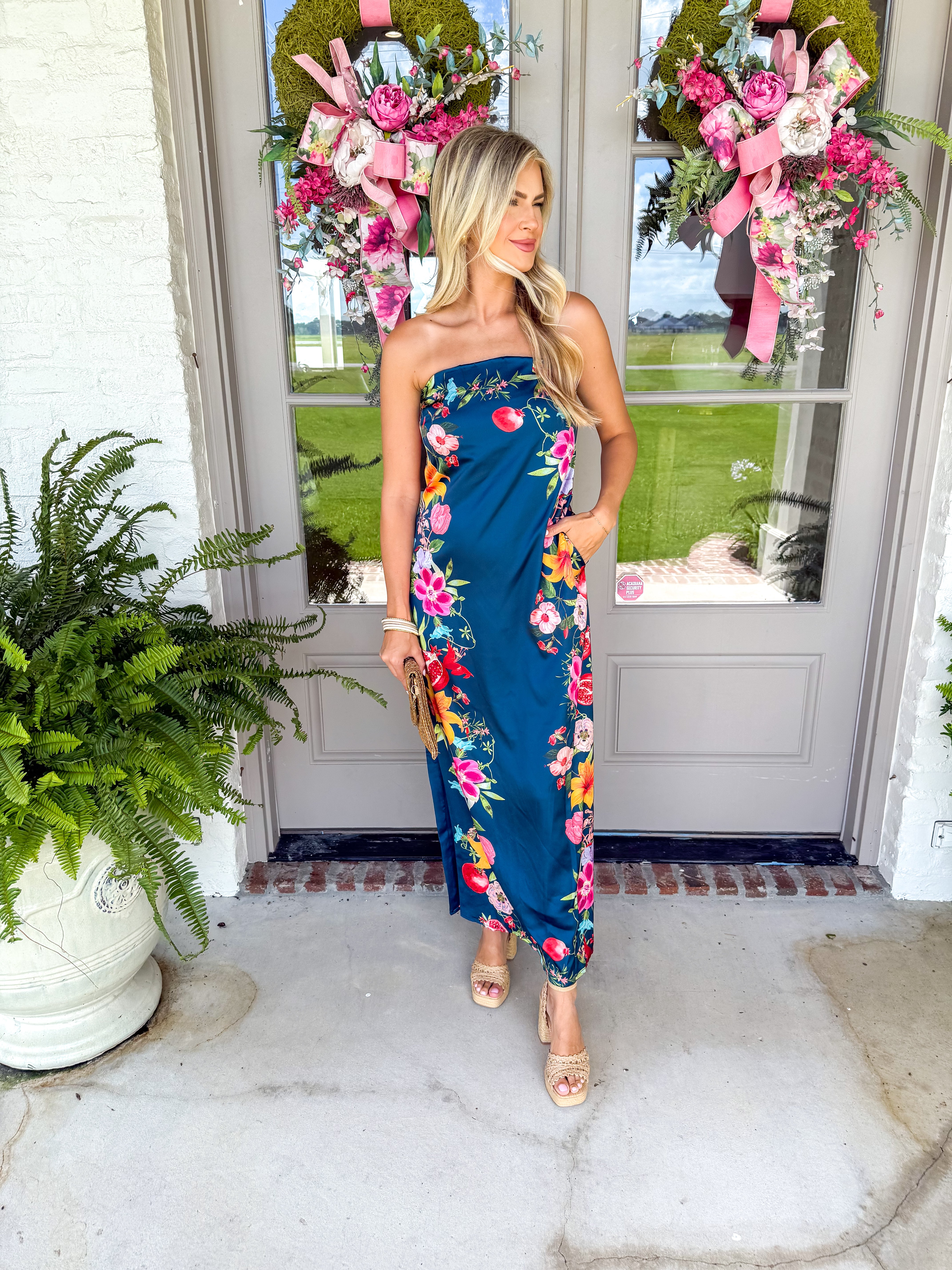 Botanical Border Print Strapless Maxi Dress