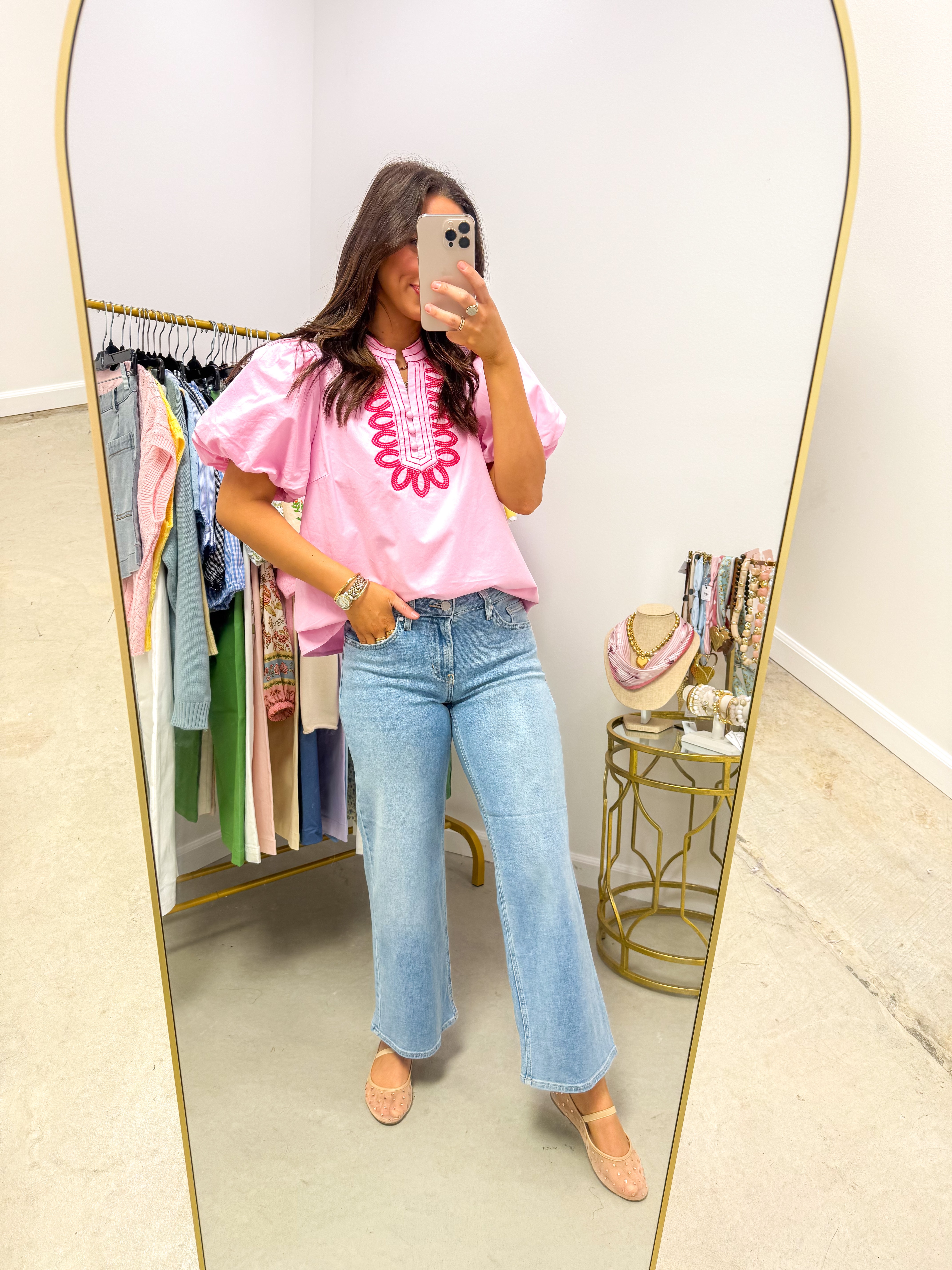 Pink Embroidered Puff Sleeve Top