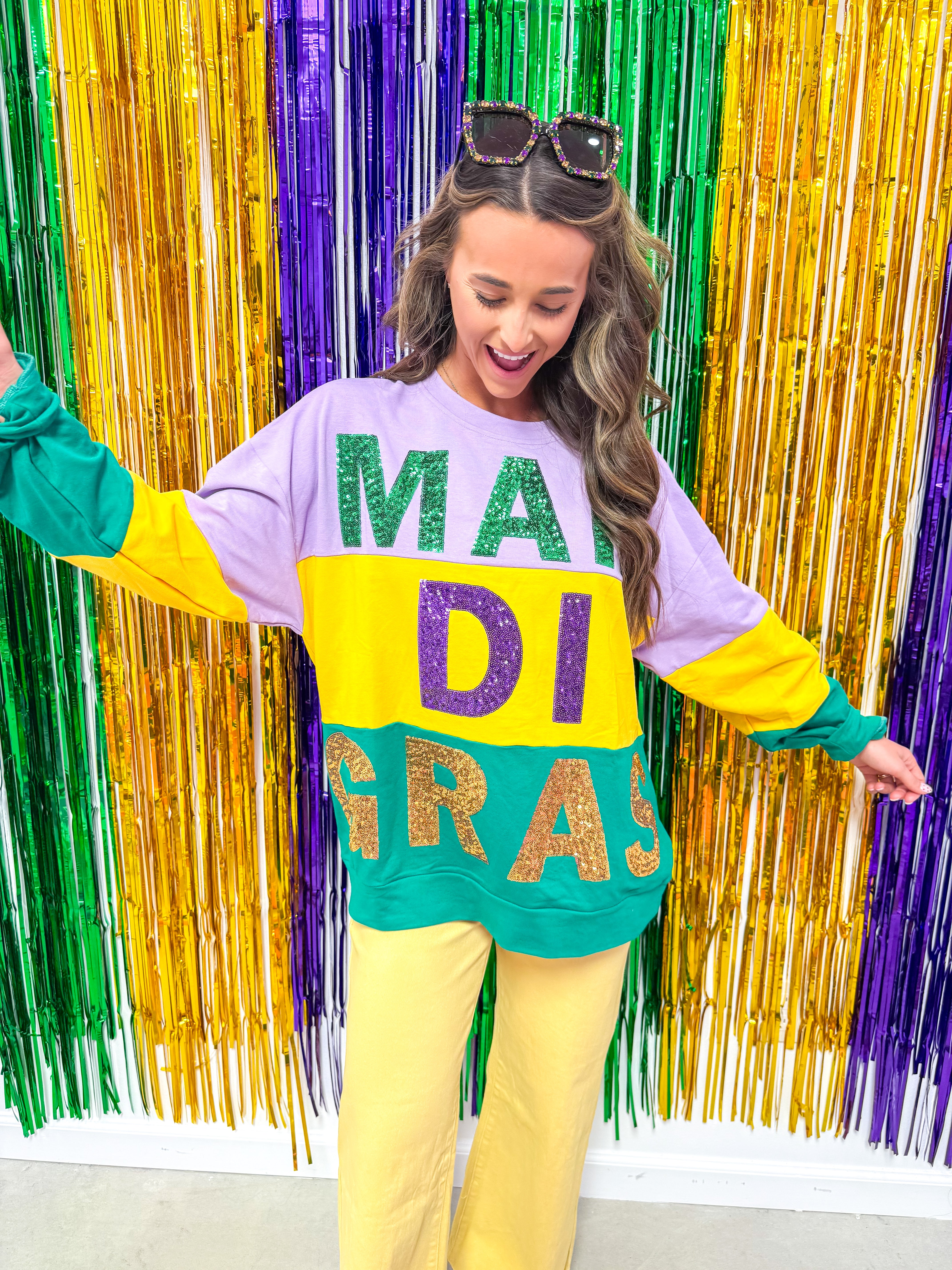 Sequin Mardi Gras Words Colorblock Sweater