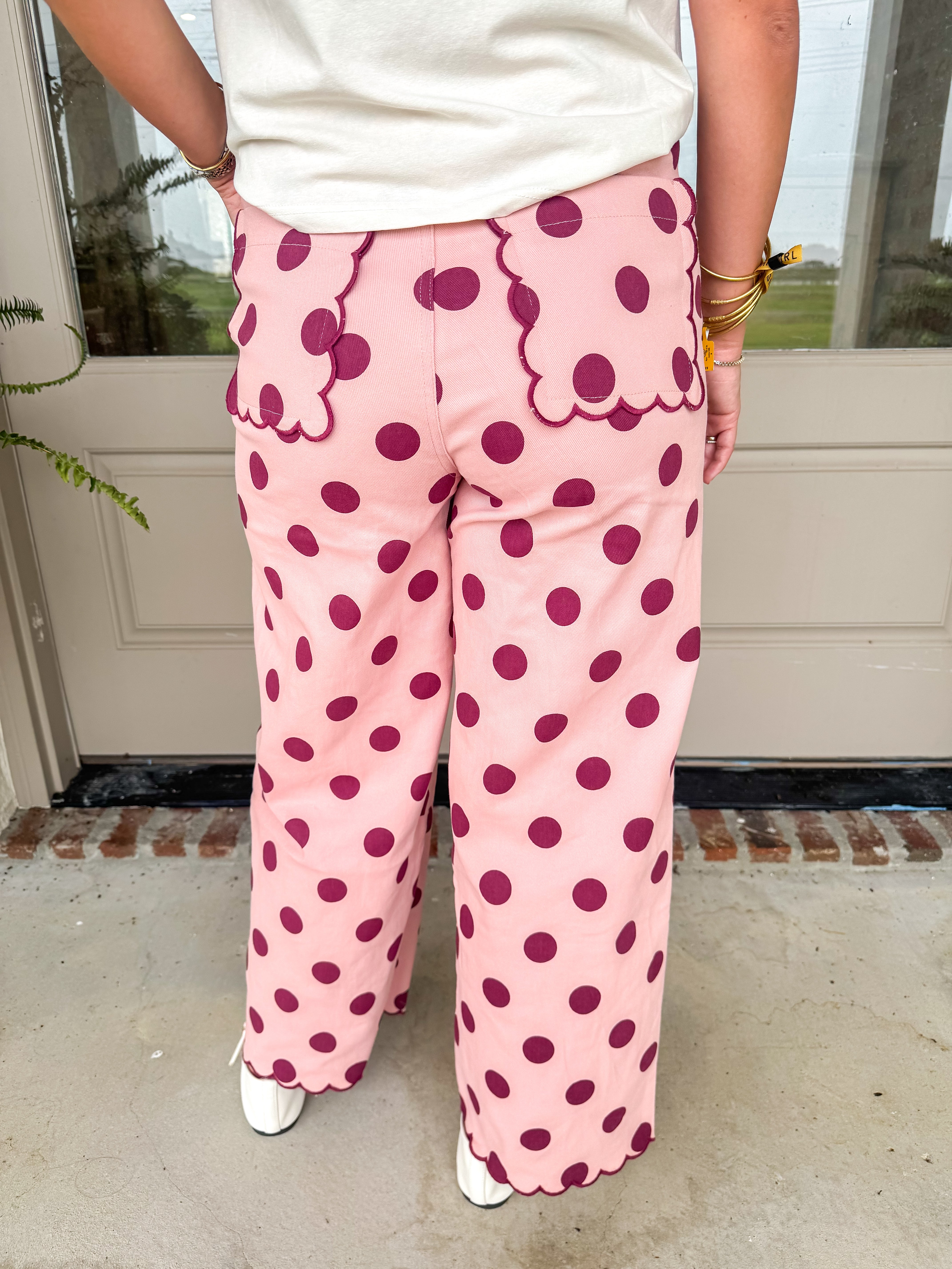 Scalloped Polka Dot Wide-Leg Pants Pink/Burgundy